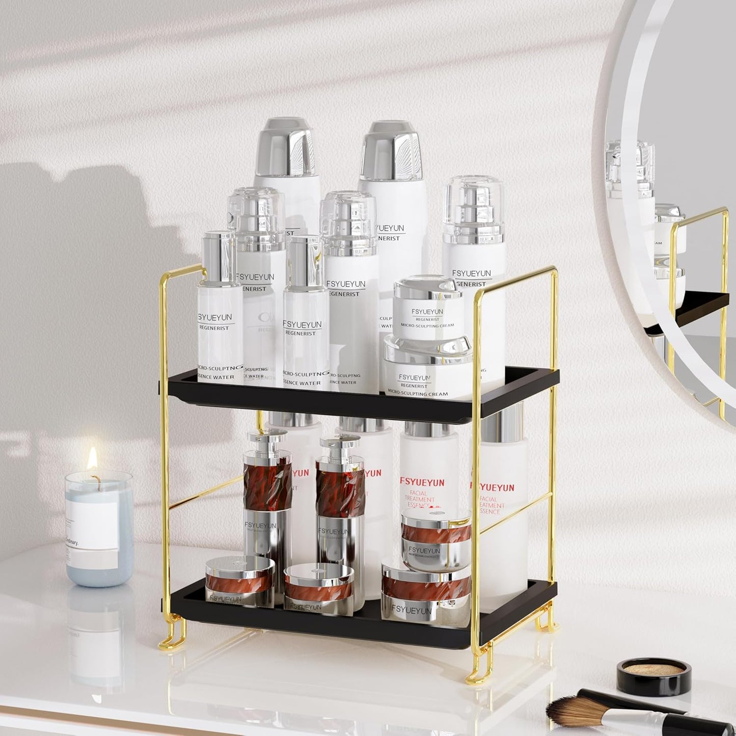 FSyueyun 2-Tier Bathroom Countertop Organizer, Tool-Less Installation Premium Plastics Makeup Shelf Organizer Perfume Skincare for Dresser Vanity Tray Organizers and Storage (Gold & Black)