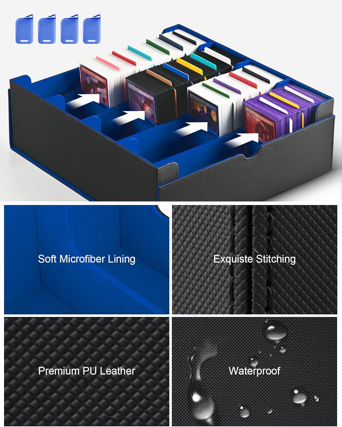 ZLCA Card Storage Box for MTG PTCG, Commander Deck Box Holds 3200+ Cards, Trading Card Storage Case with 4 Stoppers, Card Organizer for TCG Sport Cards(Black&Blue)