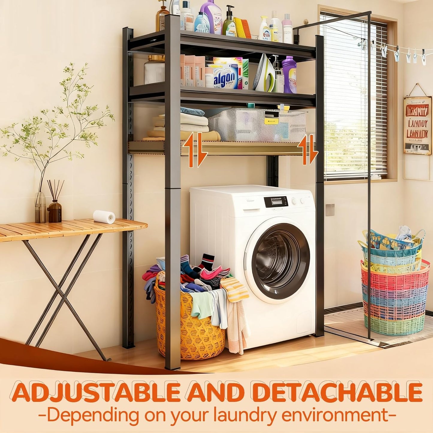 Height-Adjustable Bathroom & Laundry Storage Shelf, 3-Tier Metal Organizer Rack for Washer Dryer, Sturdy Shelving Unit for Bathroom Essentials, 63 x 35.4 x 15.7 Inches