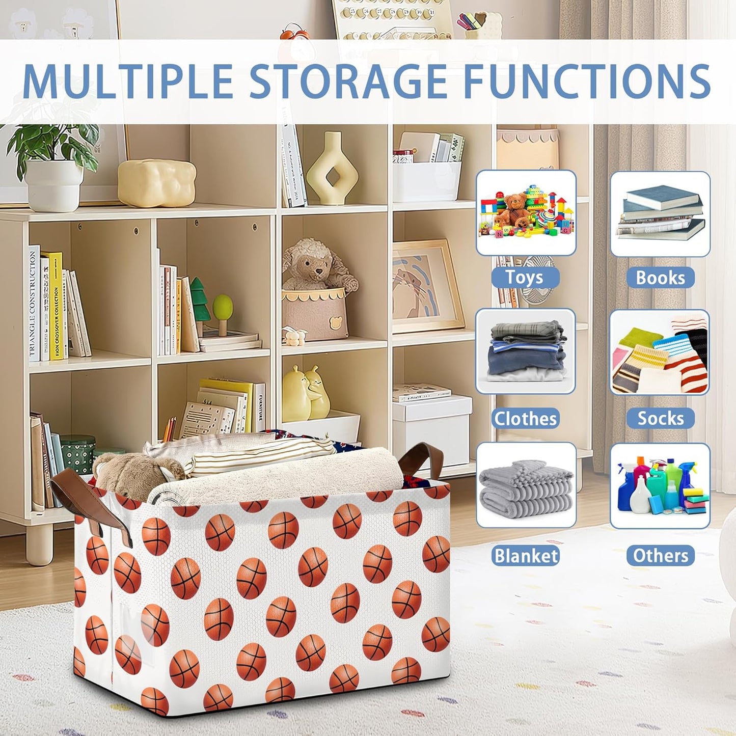 Basketball Collapsible Storage Box,Organizer Bin with Handles for Room Decoration,Bins Book Basket Box 17x11.5x10Inch
