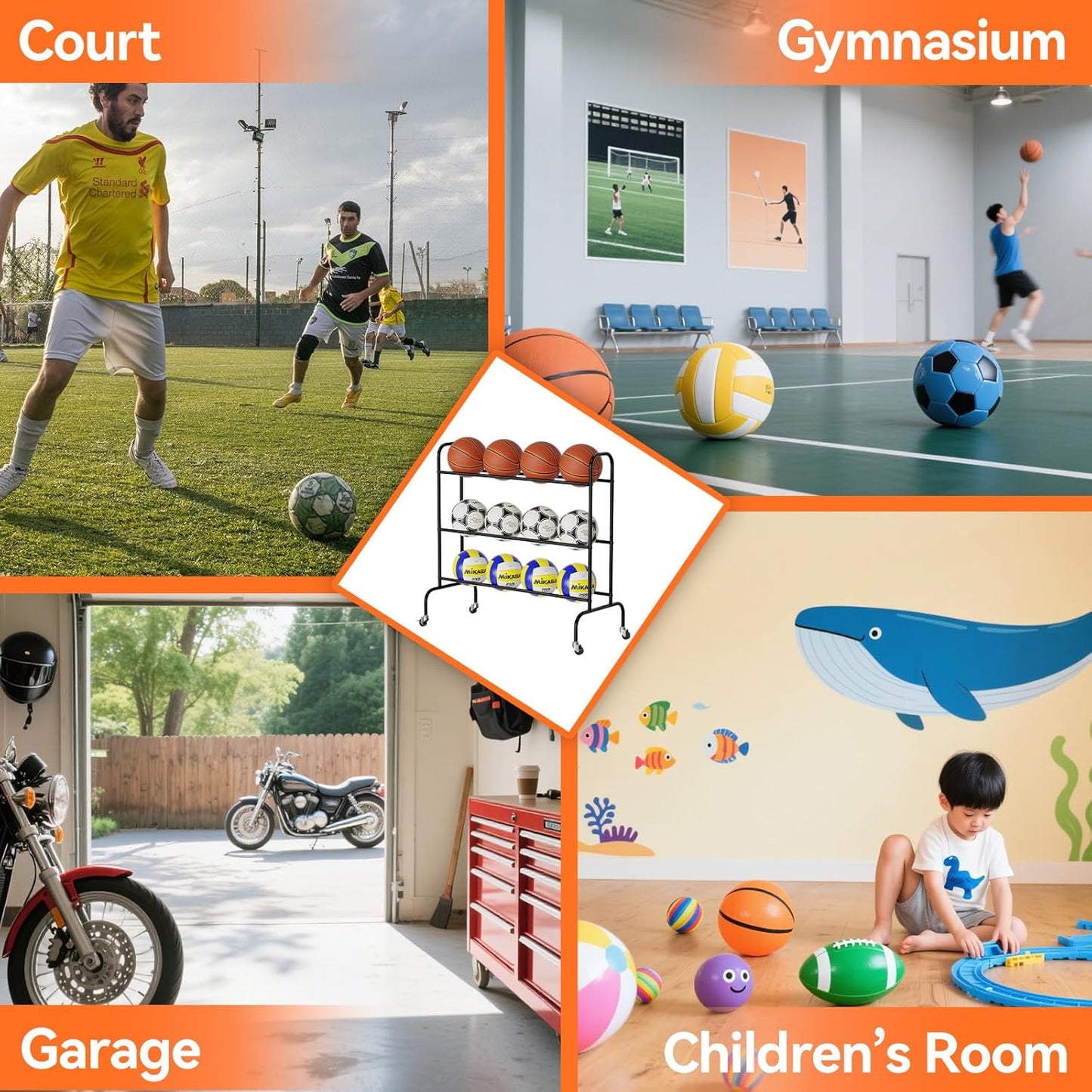 SUFAUY Sports Equipment Organizer, Garage Basketball Rack, Gear & Ball Storage Rack, Outdoor and Indoor Rolling Balls Cart with Wheels