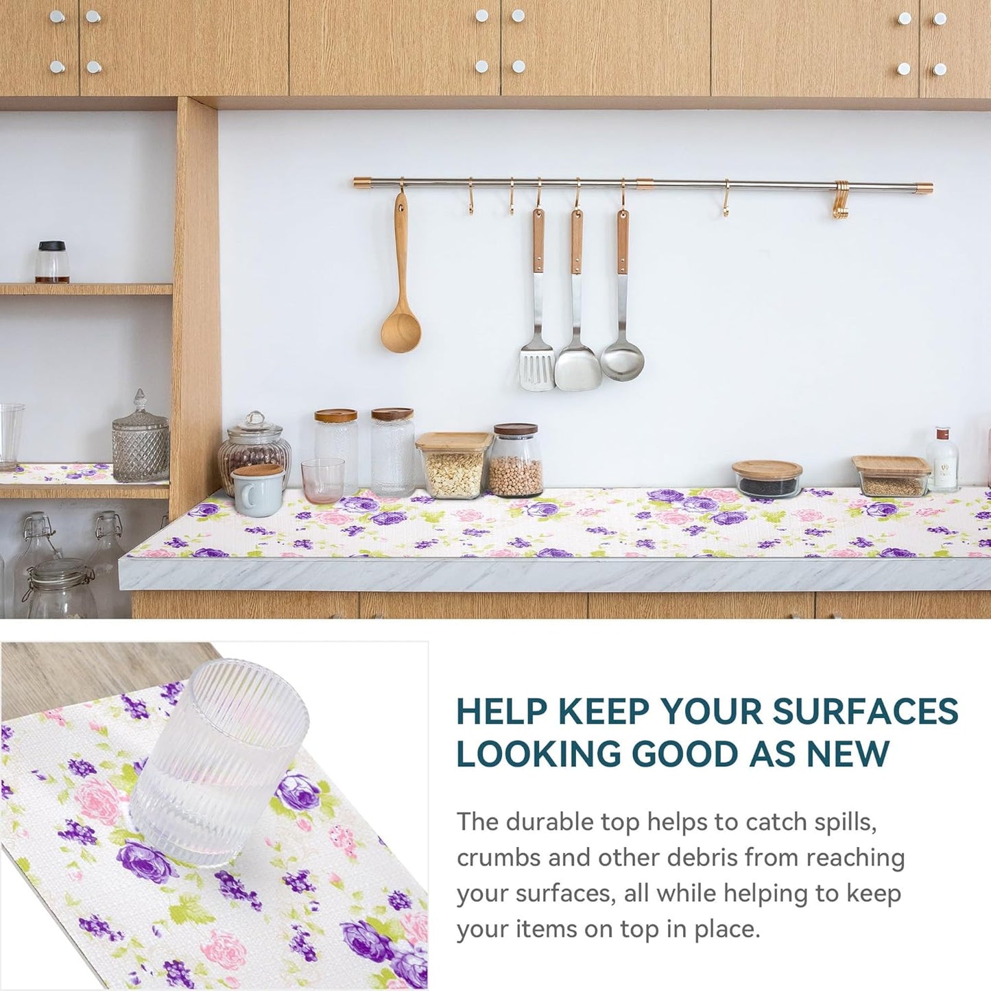 2 Rolls 12" W x 120" L Floral Drawer and Shelf Liner for Cabinets, Non-Adhesive Strong Grip Non-Slip Flower Shelf Cabinet Kitchen Shelf Liners for Kitchen Cabinets