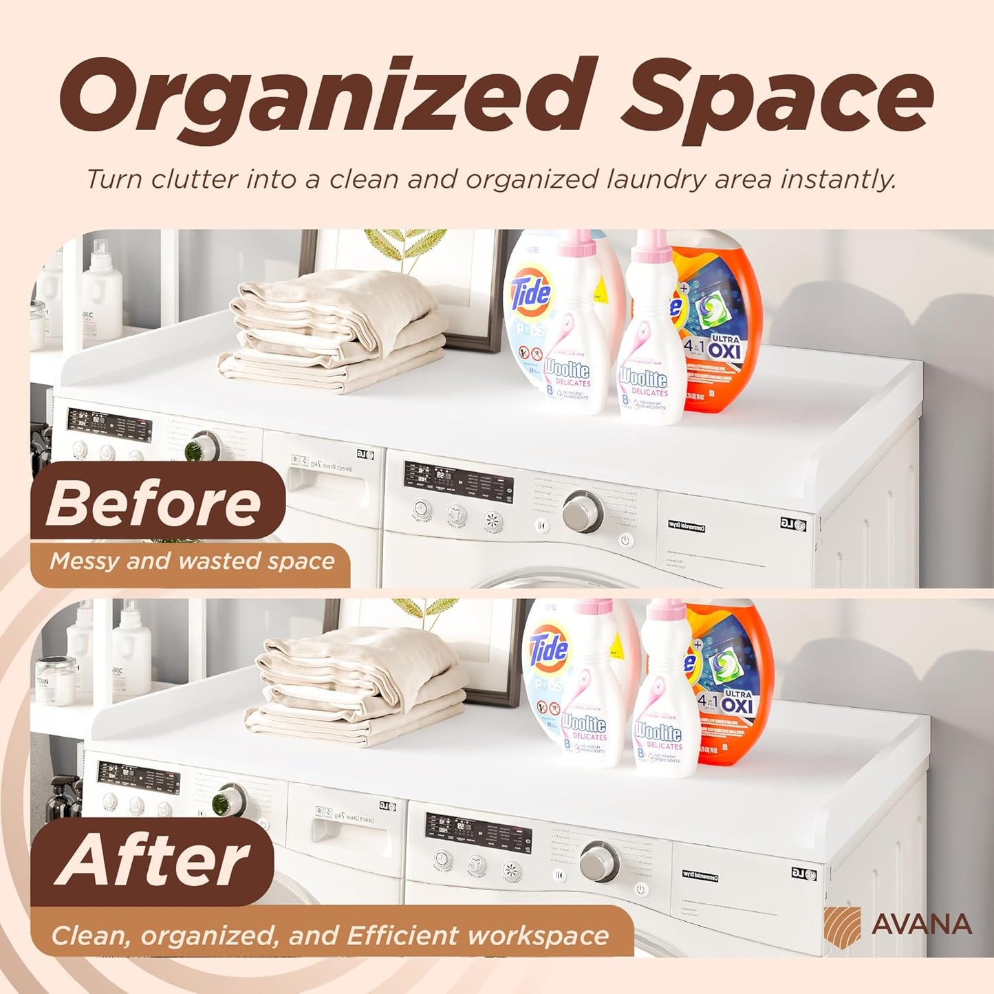 Avana (100% Natural Solid Wood Washer Dryer Countertop – White Pine Laundry Countertop with Raised Edges, 54” x 27.5” Counter Top for Washer and Dryer, Laundry Room Organizer & Tabletop