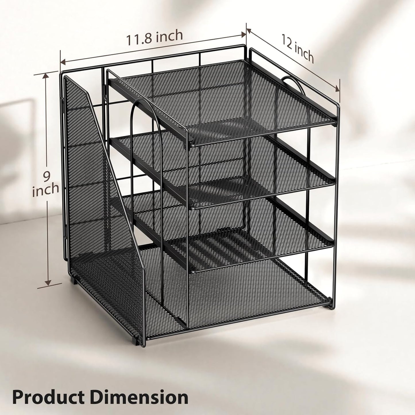 Desk Organizer, 4-Tier Metal Paper Organizer for Desk with Vertical File Holder, Office Accessories and Desktop Storage for Office Supplies (Black)