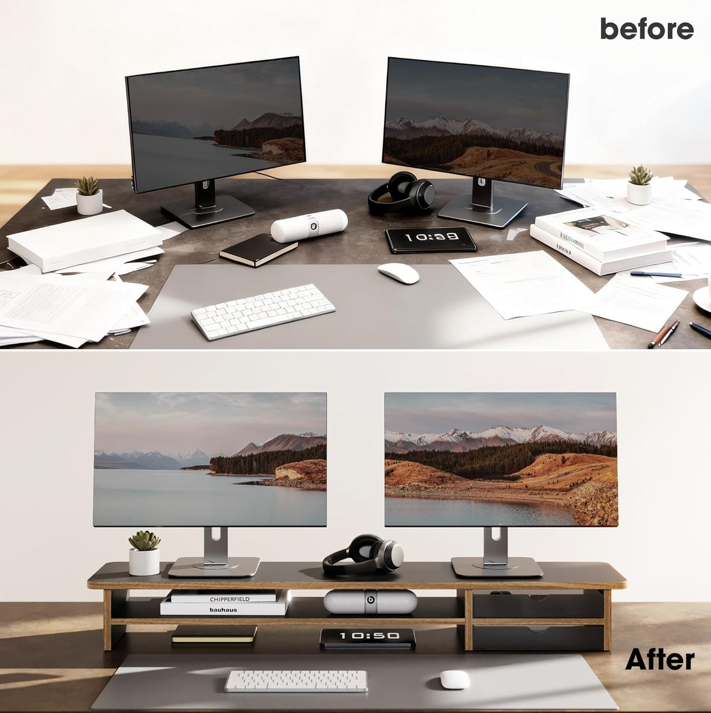 Fenge Monitor Stand, Dual Monitor Riser, 42.5inch Large Desk Computer Monitor Stand Riser with Drawer, 2 Tier Wood & Acrylic Desktop Organizer with Cable Management