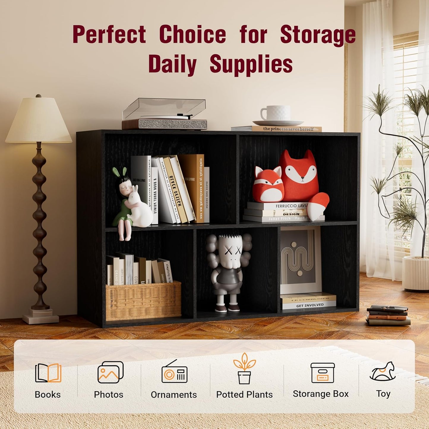 Book Shelf, Wooden Cube Storage Organizer with 11" Open Cubes, Stackable Modular Bookcase for Room Divider Storage, 2 Tier Bookshelf for Living Room, Bedroom, Office (Black, 5-Cube)