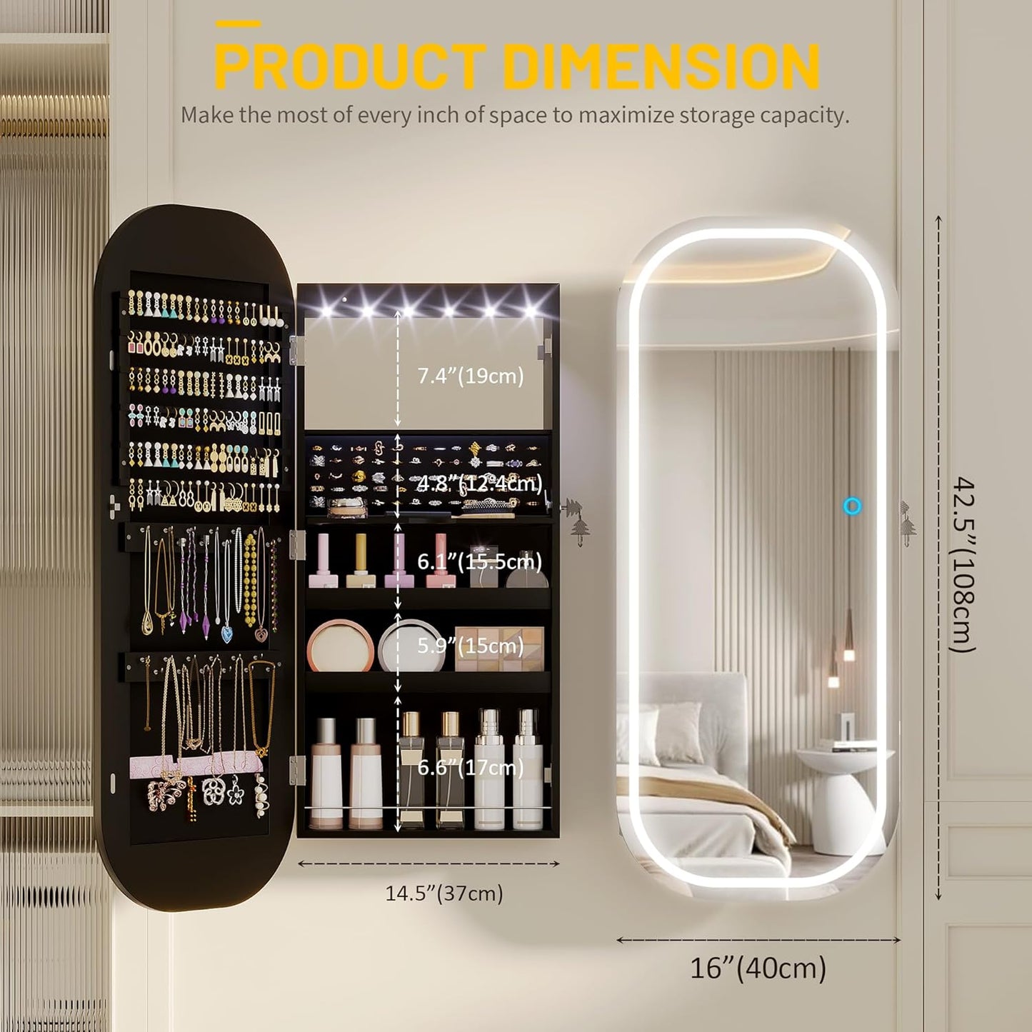 LVSOMT LED Mirror Jewelry Cabinet, Wall/Door Mount Jewelry Mirror Organizer, Rounded Full Length Mirror with Storage, Lockable Jewelry Armoire, 16" Wide, Foldable Shelf, Interior Mirror, Black
