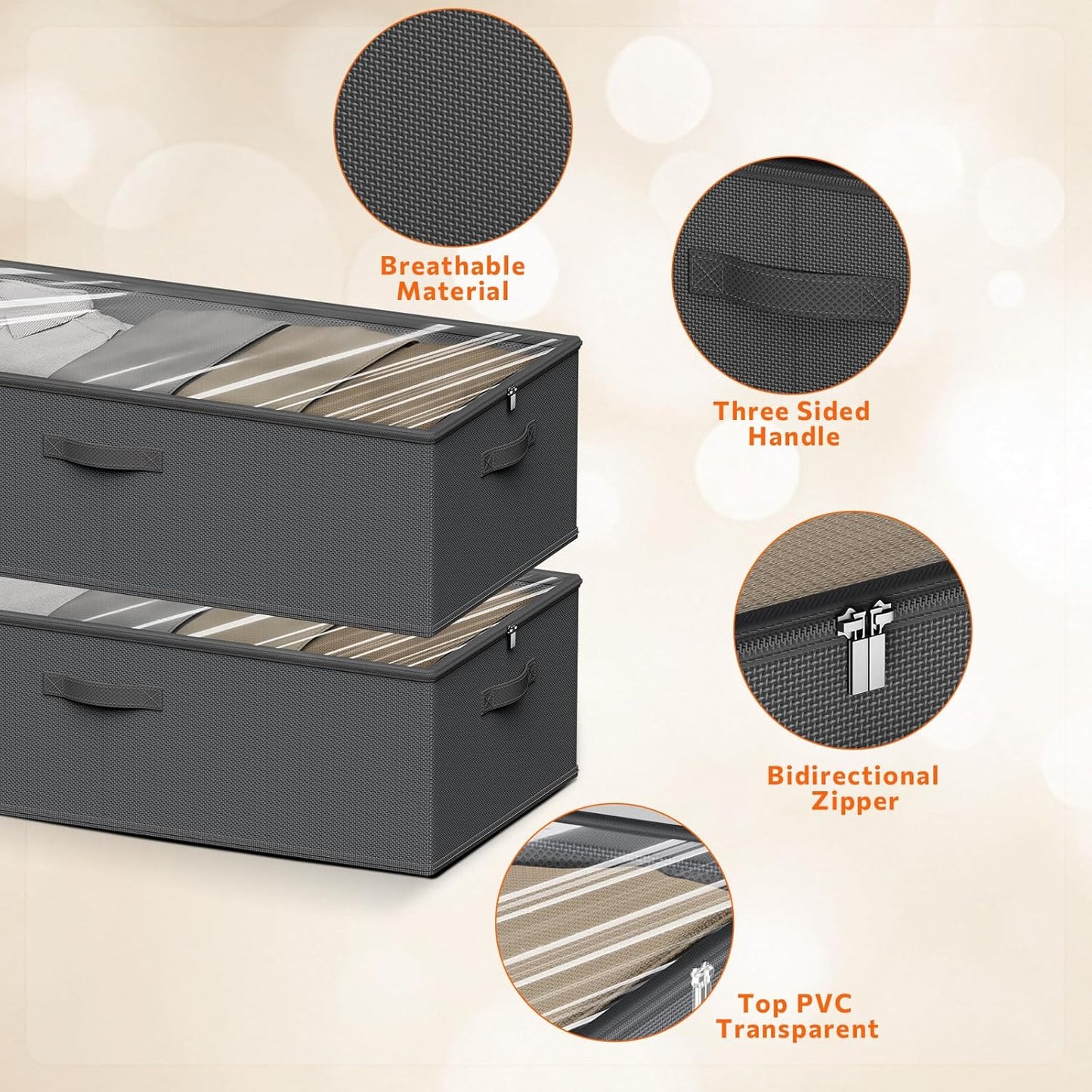 2 Pack Under Bed Storage Containers, 10 Inch Tall Underbed Clothes Storage Organizer Bin with Clear Window,Foldable Box Basket for Clothes, Closet, Bed Sheets and Blankets Black