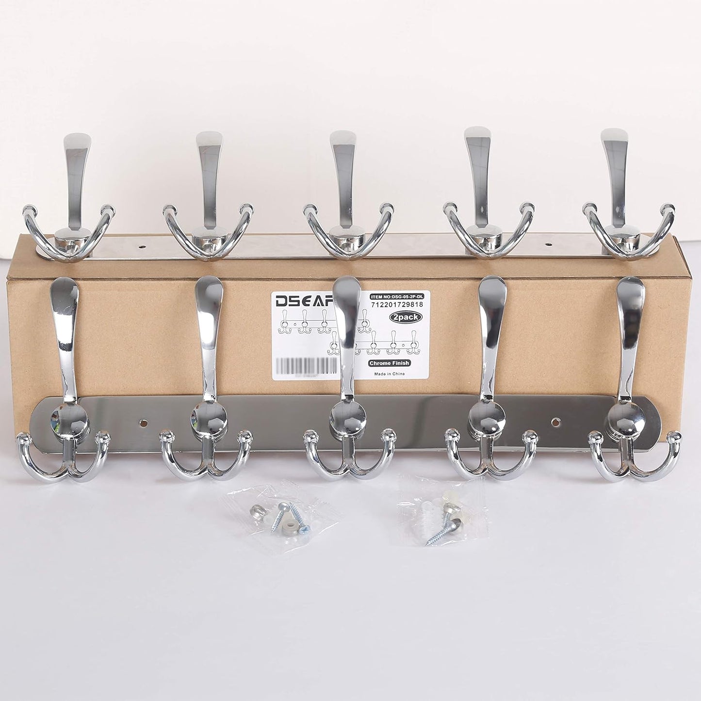 Dseap Wall Mounted Coat Rack - 5 Tri Hooks, Heavy Duty, Stainless Steel, Metal Coat Hook Rail for Coat Hat Towel Purse Robes Mudroom Bathroom Entryway (Chromed, 2 Packs)