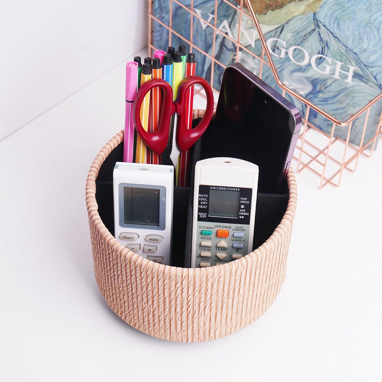 Round Leather Art Supply Organizer,Remote Control Holder,360 Degree Spinning,Multi-Functional Pencil Holder,4 Compartments Desktop Stationary Organizer(1-Wood Apricot)