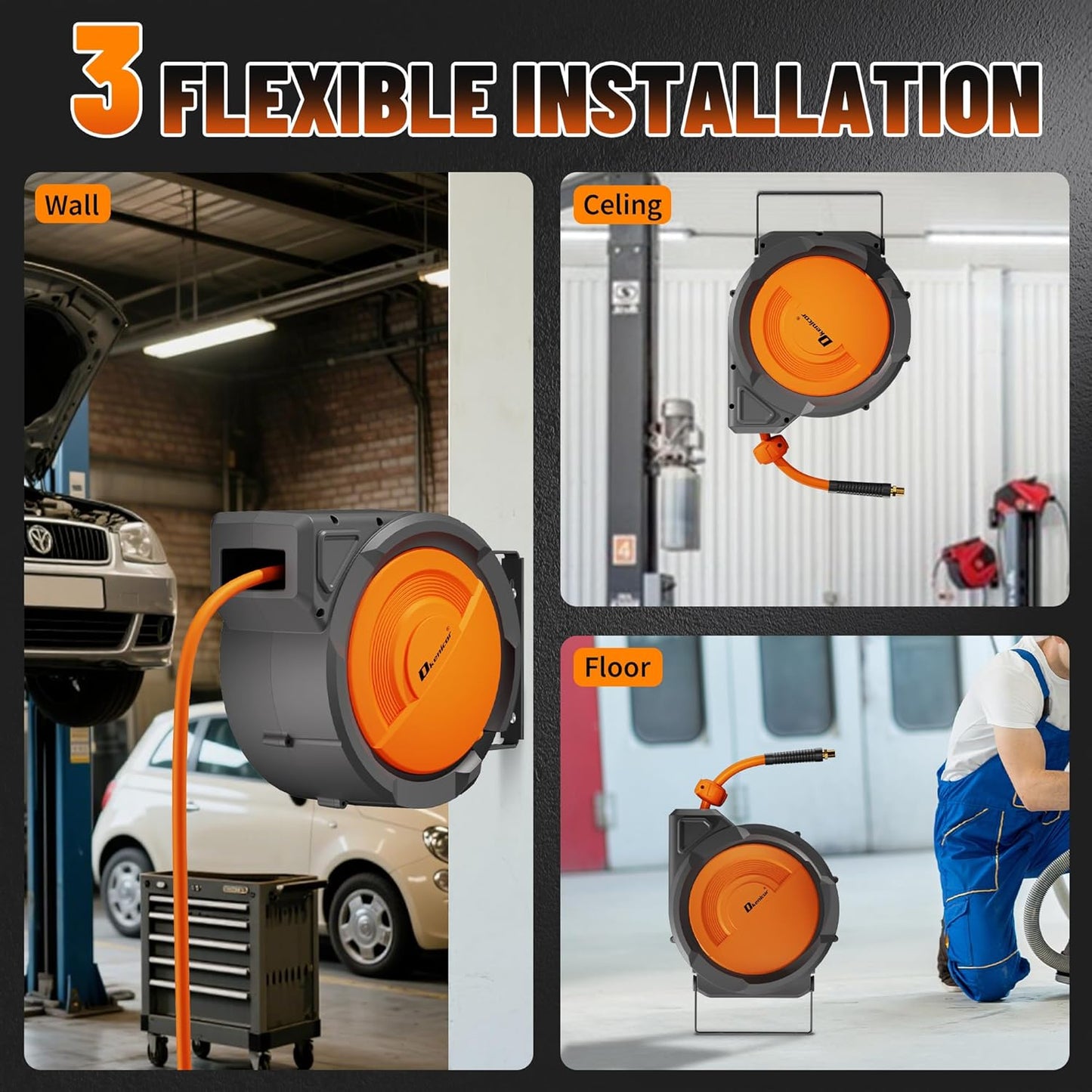 Retractable Air Hose Reel, 3/8" x 80ft Hybrid Hose, Auto Rewind Enclosed Air Compressor Hose Reel with 180° Swivel Bracket, Max 300 PSI Any Length Lock for Garage & Workshop