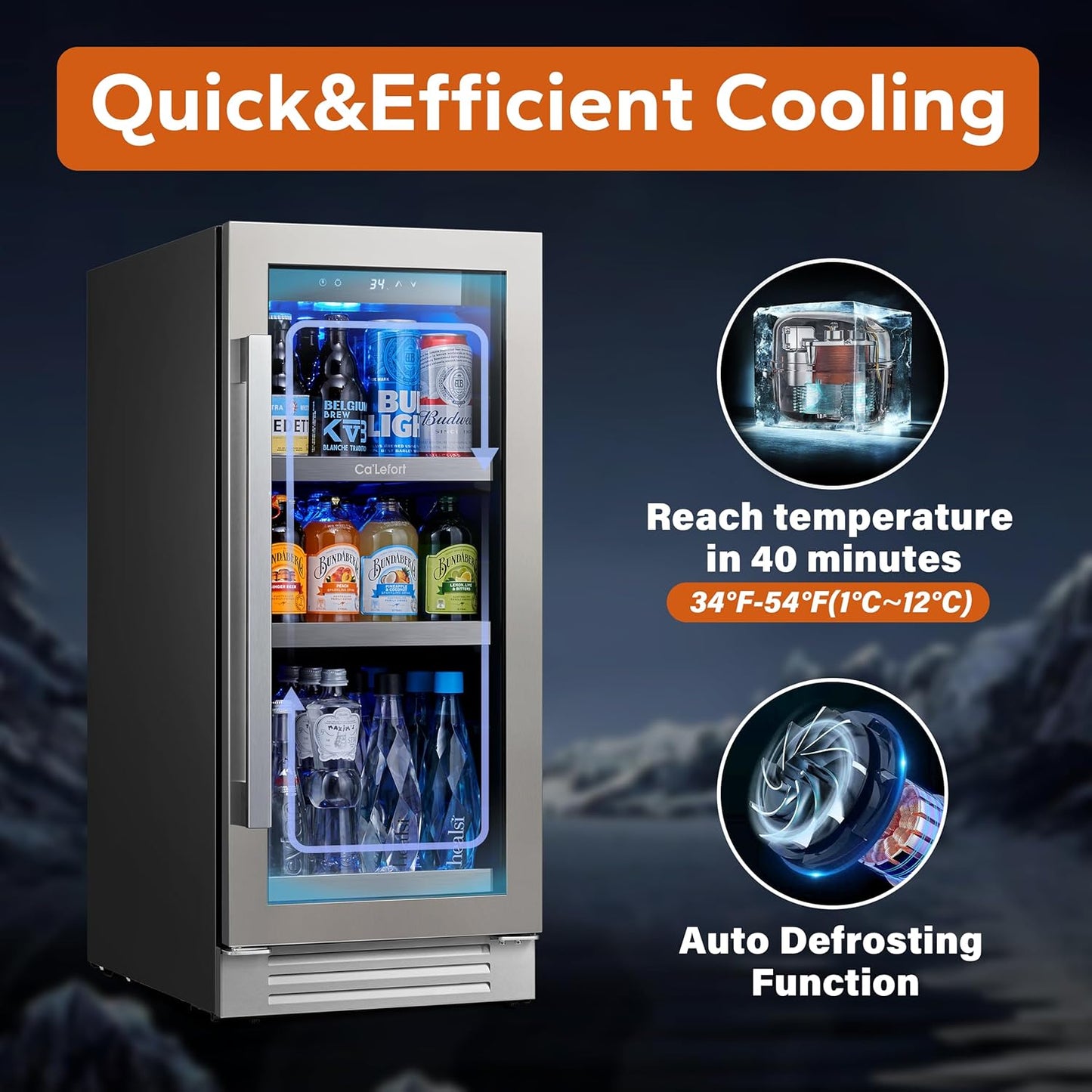 Ca'Lefort 15 Inch Beverage Refrigerator - 100 Can Small Beverage Fridge, Drink Fridge Glass Door 3 LED 34°F -54°F Beverage Cooler Built-in or Freestanding, Perfect for Home/Kitchen(3.0 cu.ft)