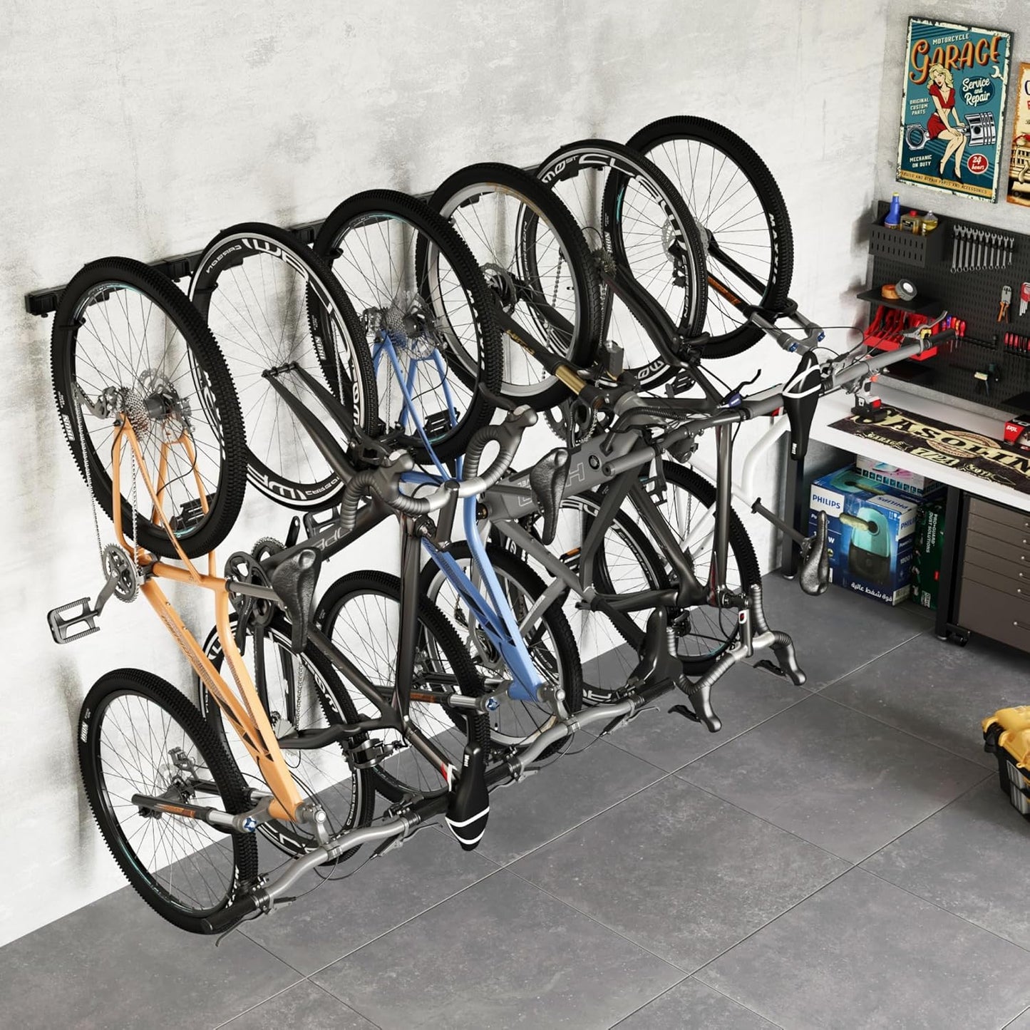 monTEK Enhanced Garage Bike Rack, Adjustable 6 Bike Hangers for Garage, Equipped with 78.5in Extended Rail to Accommodate Various Bicycle Sizes, Heavy-Duty Steel Bike Wall Mount, Max Capacity 330 lbs