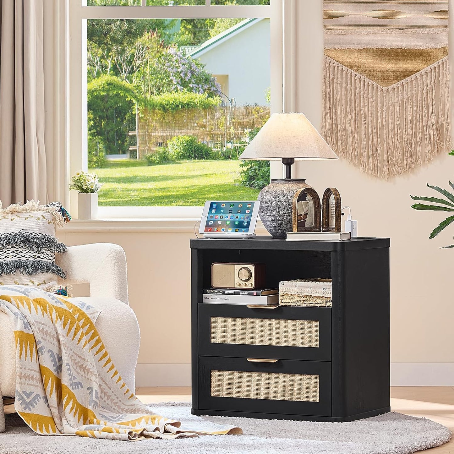 LEYAOYAO Rattan Nightstands Set of 2 with Charger Station, 23" Wide Boho Night Stand with 2 Drawers, Black Bedside Table Open Shlef, Bed Side End Table Dresser for Bedroom, Living Room Hallway
