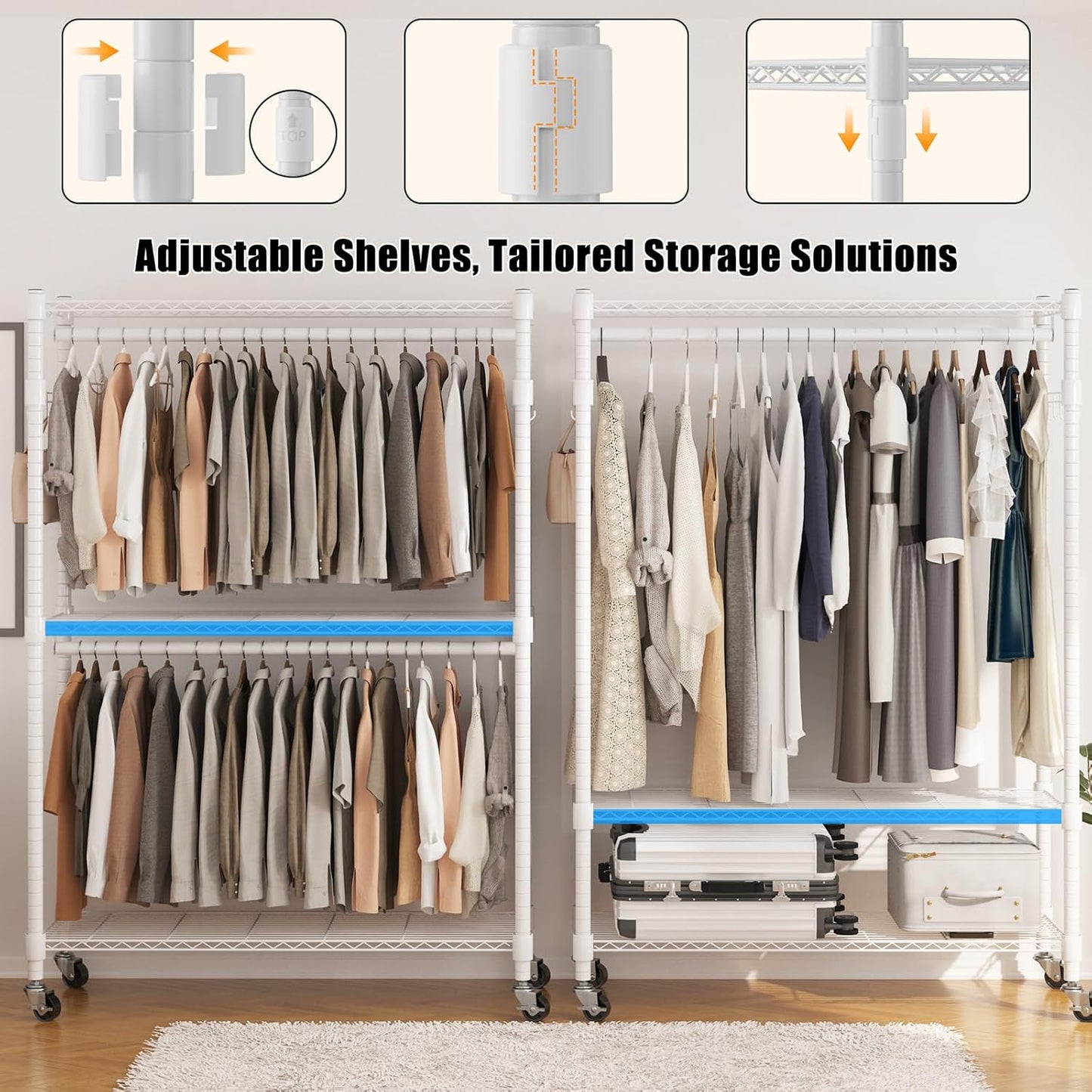 BATHWA Heavy Duty Garment Rack on Wheels, Rolling Clothes Racks for hanging clothes, Modern Closet Wardrobe Clothing Rack with 8 Side Hangers, White