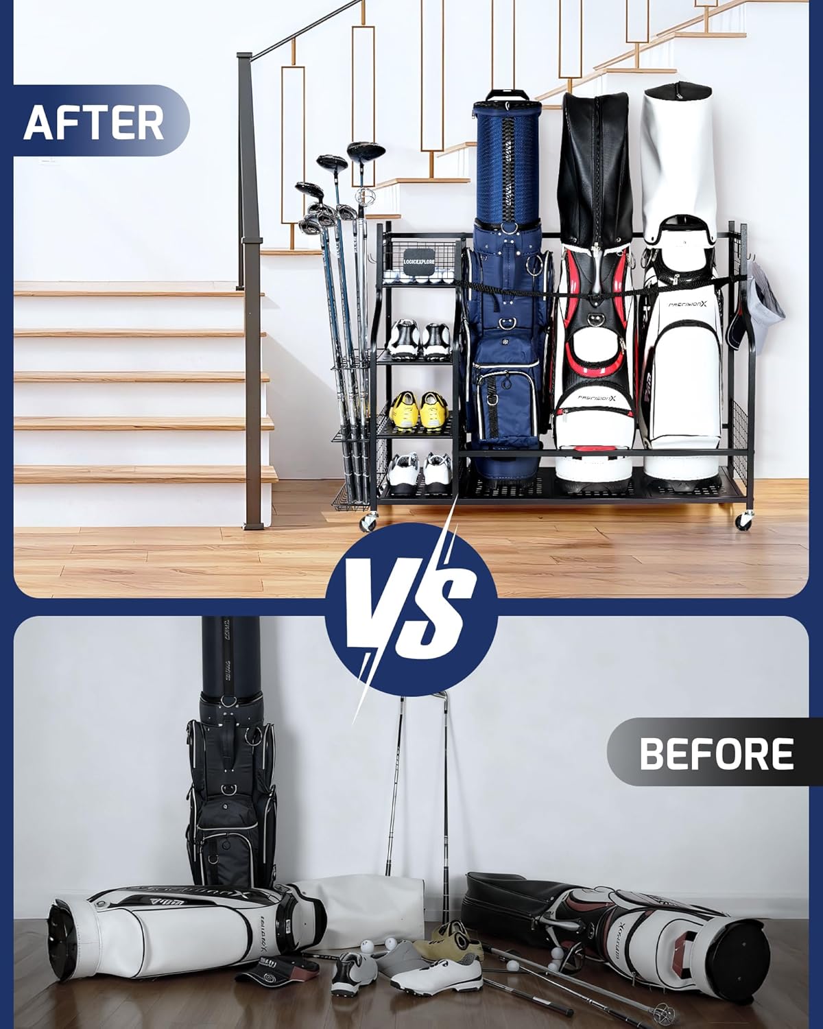 Golf Storage Rack, Garage Golf Organizer for 3 Golf Bags, Clubs, Balls, Shoes & Accessories, Garage Home Heavy Duty Golf Equipment Storage