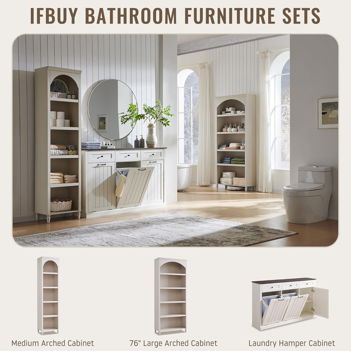 Triple Tilt Out Laundry Hamper Cabinet, 20 Gallon Farmhouse Trash Can Cabinet w/Drawer & Adjustable Shelf, Hidden Garbage Can Bin Cabinets w/Laundry Basket for Bathroom, Kitchen (Antique White)