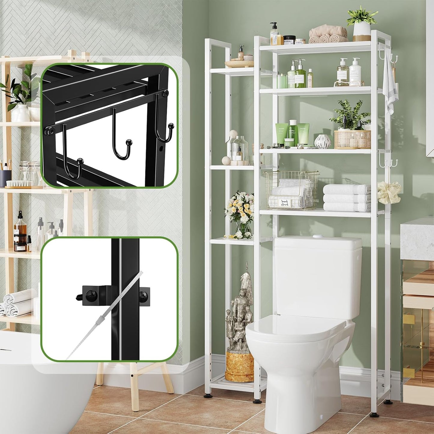 Simple Trending 8 Tier Over The Toilet Storage with Side Rack, Bathroom Organizer Metal Shelves for Towels, White