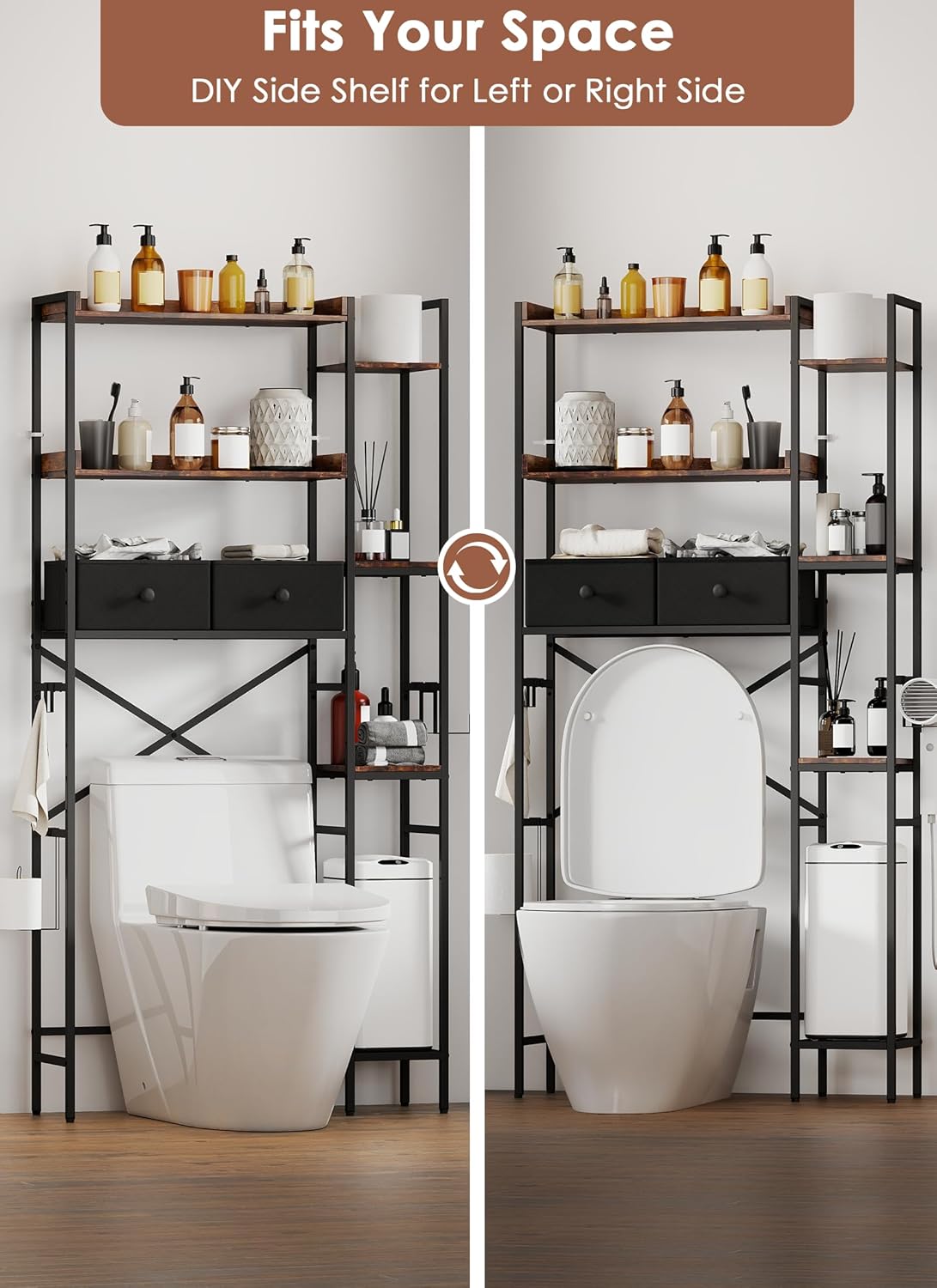 Over The Toilet Storage Rack, 7-Tier Over Toilet Bathroom Organizer with Adjustable Shelf, Above Toilet Storage Cabinet with Hooks, Space-Saving, Brown Shelf