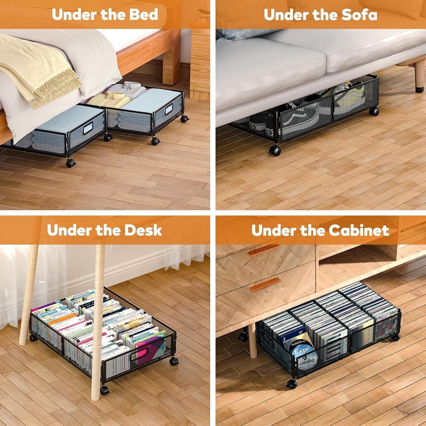 Under Bed Storage with Wheels, Rolling Under Bed Storage Bins for Shoes Clothes, Foldable and Easy Mobility (4 Pack, Black)