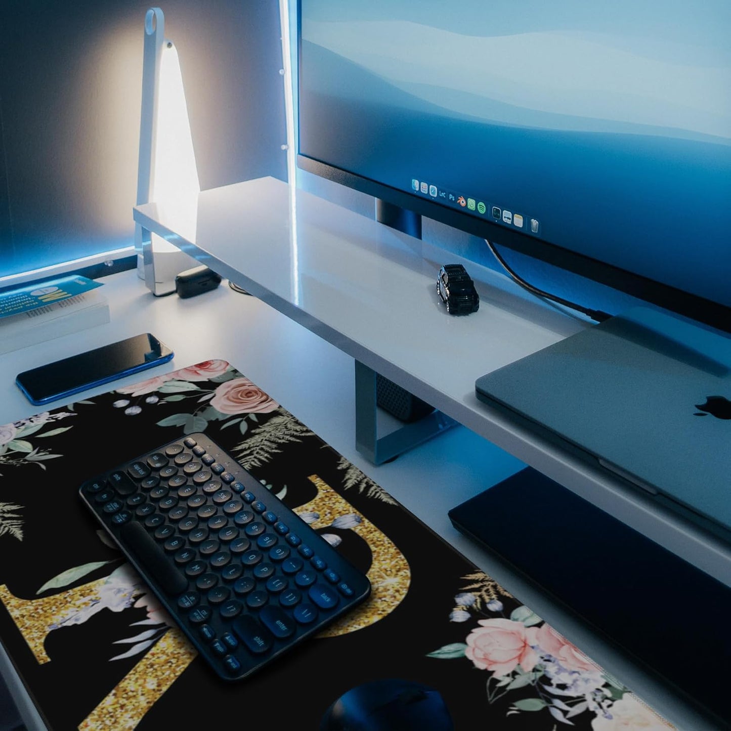 Desk Pad, Flower Golden Letters R Extended Gaming Mouse Pad Large, 35.4"x15.7" Big Mouse Pad with Non-Slip Base and Stitched Edge, Long Computer Keyboard Mouse Mat for Home Office Work