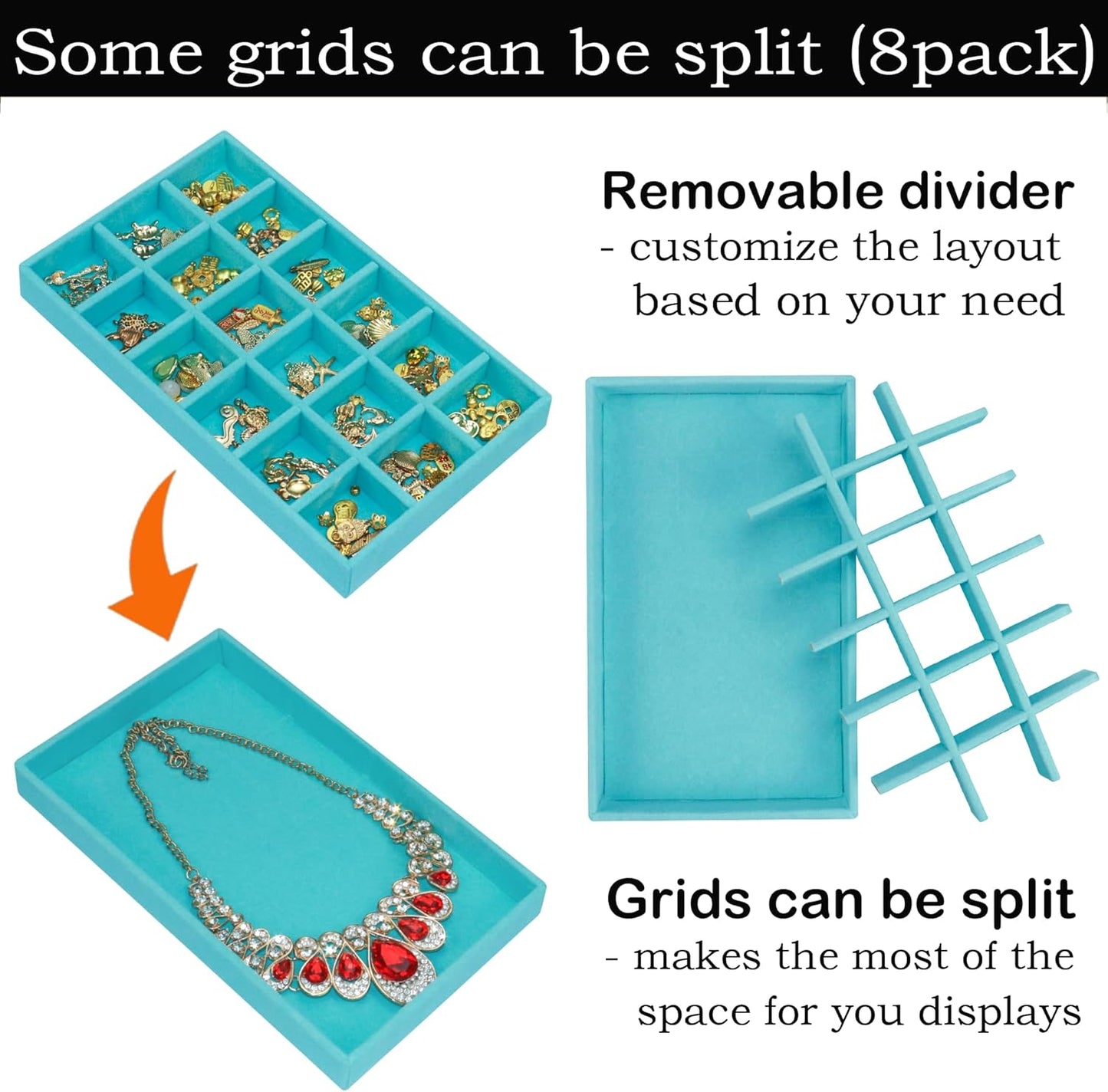 12 Pack Stackable Velvet Jewelry Organizer Trays for Drawers Earring Organizer Inserts Necklace Storage Ring Bracelet Display Case, 216 Grids, Blue
