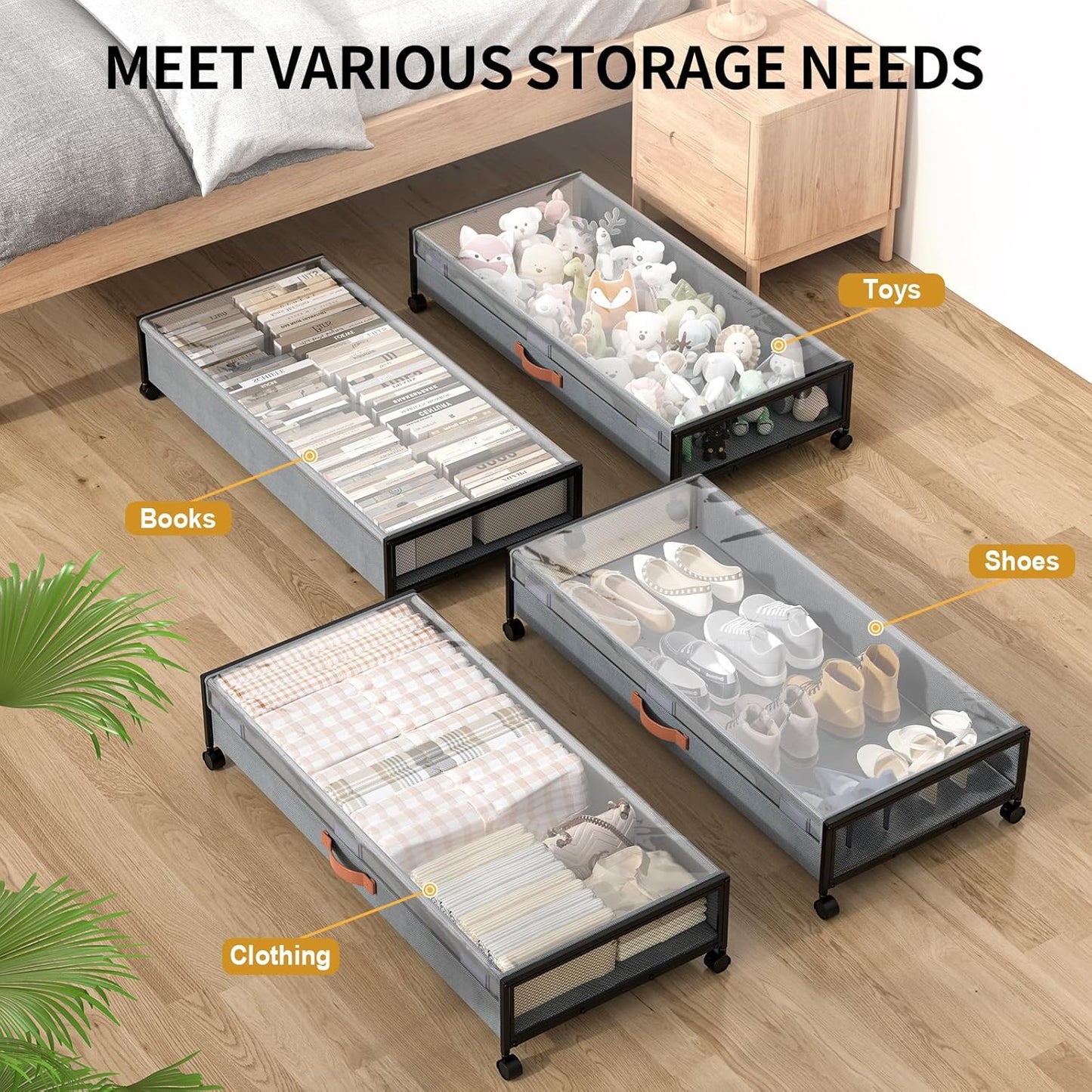 Under Bed Storage with Wheels, XXXL Larger Under Bed Storage Containers with Clear Lids, 36'' Lengthen Under Bed Shoe Organizer for Shoes Clothes(Grey 2 Pack, XXXL(36"x16.6"x7.48"))