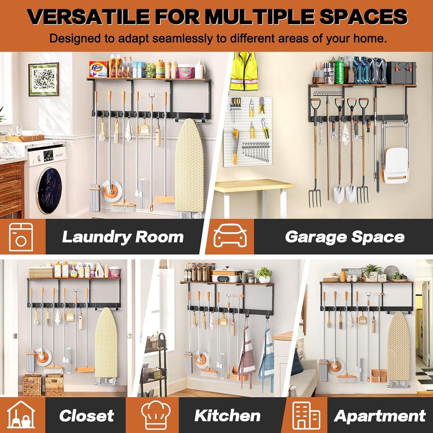 Broom Holder Wall Mount with Cleaning Supplies Organizer, Laundry Room Organization and Storage Shelves with Ironing Board Holder, Mop Hanger Broom Rack with Hooks, Home Improvement Garage Organizer