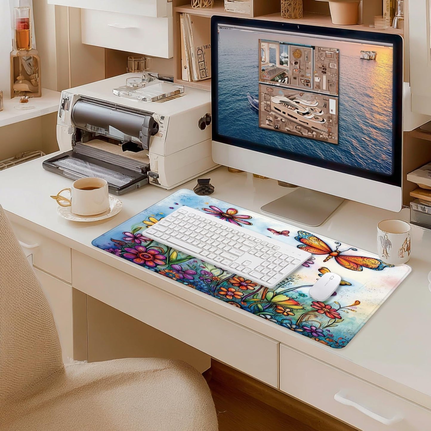 Vintage Hippie Floral Butterfly Large Mouse Pad 31.5x15.7inch, Retro Hippy Flower Butterfly Large Extended Computer Desk Mat Mousepad for Keyboard and Mouse, Flora Desk Accessories
