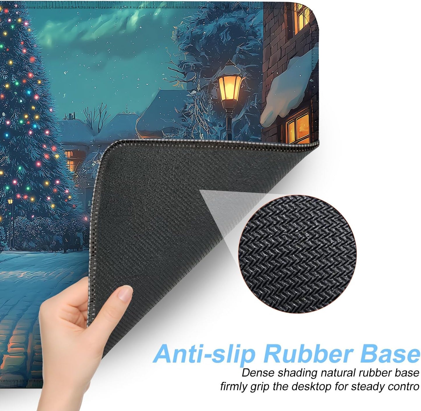 Christmas Winter Village Mouse Pad – 31.5" x 11.8" Large Extended Desk Mat with Black Cat and Christmas Tree Scene – Cozy Holiday Design, Non-Slip Base, Smooth Surface for Home & Office