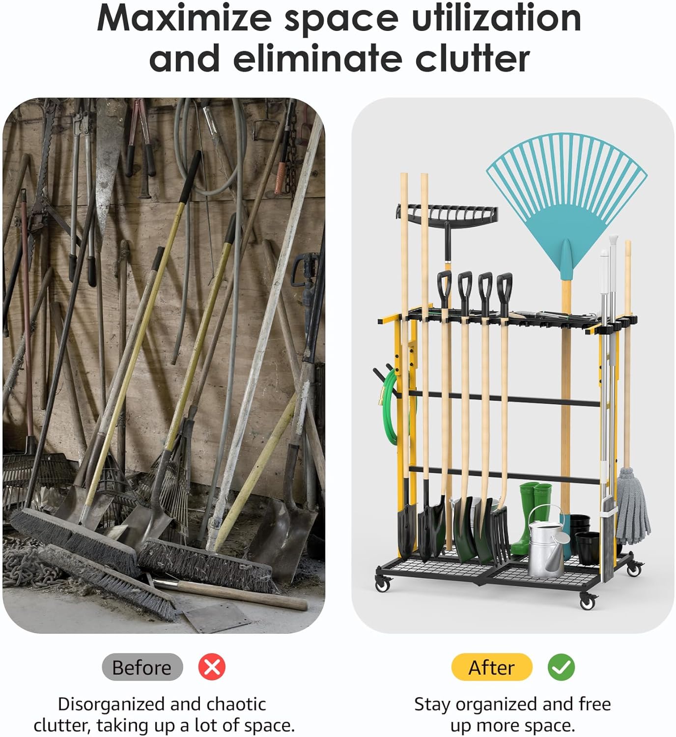 CCCEI Garage Organization with Wheels, Outdoor Gargen Yard Shed Tools Organizer Cart, Home Storage for Cleaning Supplies Organizer, Broom Holder, for Shovel and Rake, Long Farming and Farming Tools.