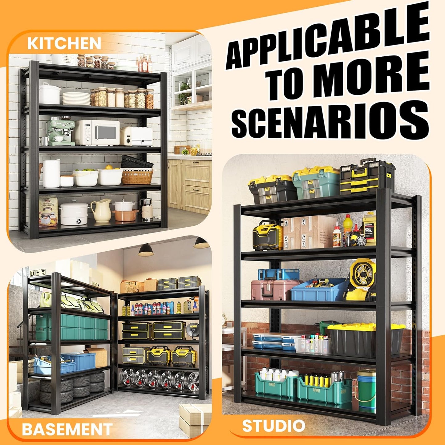 78" H Garage Shelving, Heavy Duty Storage Shelves, Garage Storage Shelves, Adjustable 5 Tier Metal Shelving Unit, Utility Shelves for Warehouse Backyard, 78" H×47.5" W×18" D