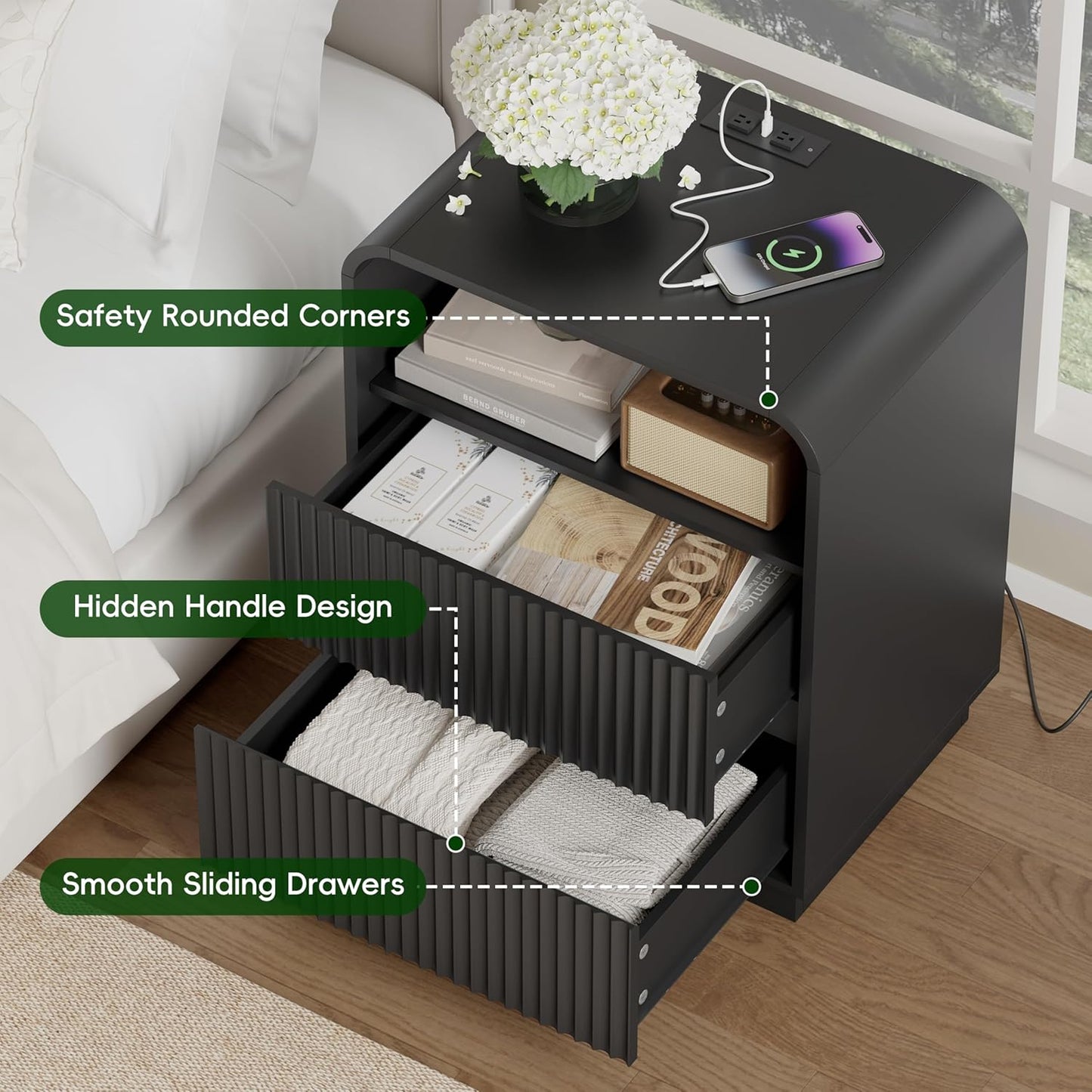 Black Nightstand with Charging Station, Mid Century Modern Bedside Table & End Table, Fluted Wood Small Night Stand with 2 Hidden Drawers and Storage Shelf for Bedroom