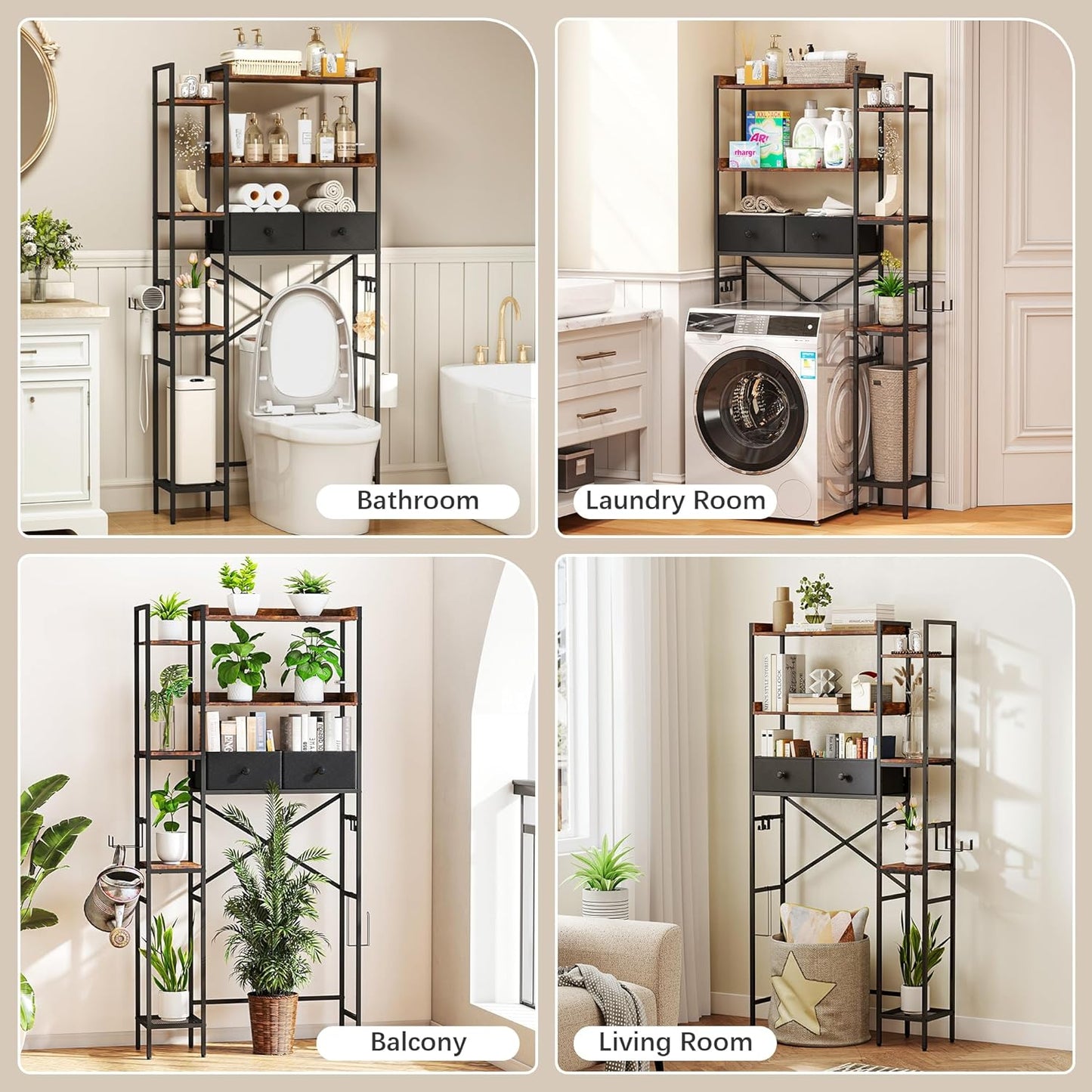 Over The Toilet Storage Shelf with Drawer, 3-Tier Above Toilet Bathroom Organizer with 4 Adjustable Side Shelves, Space Saver Freestanding Rack with Holder & Hook for Laundry Kitchen (Brown)