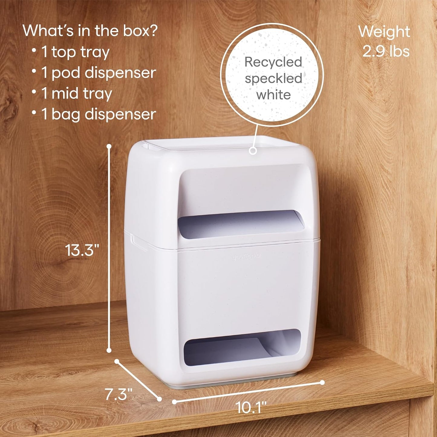 YouCopia SinkSuite Bag & Pod Dispenser, Standing Garbage Bag and Dishwasher Pod Organizer with Removable Lids for Storage, Speckled White
