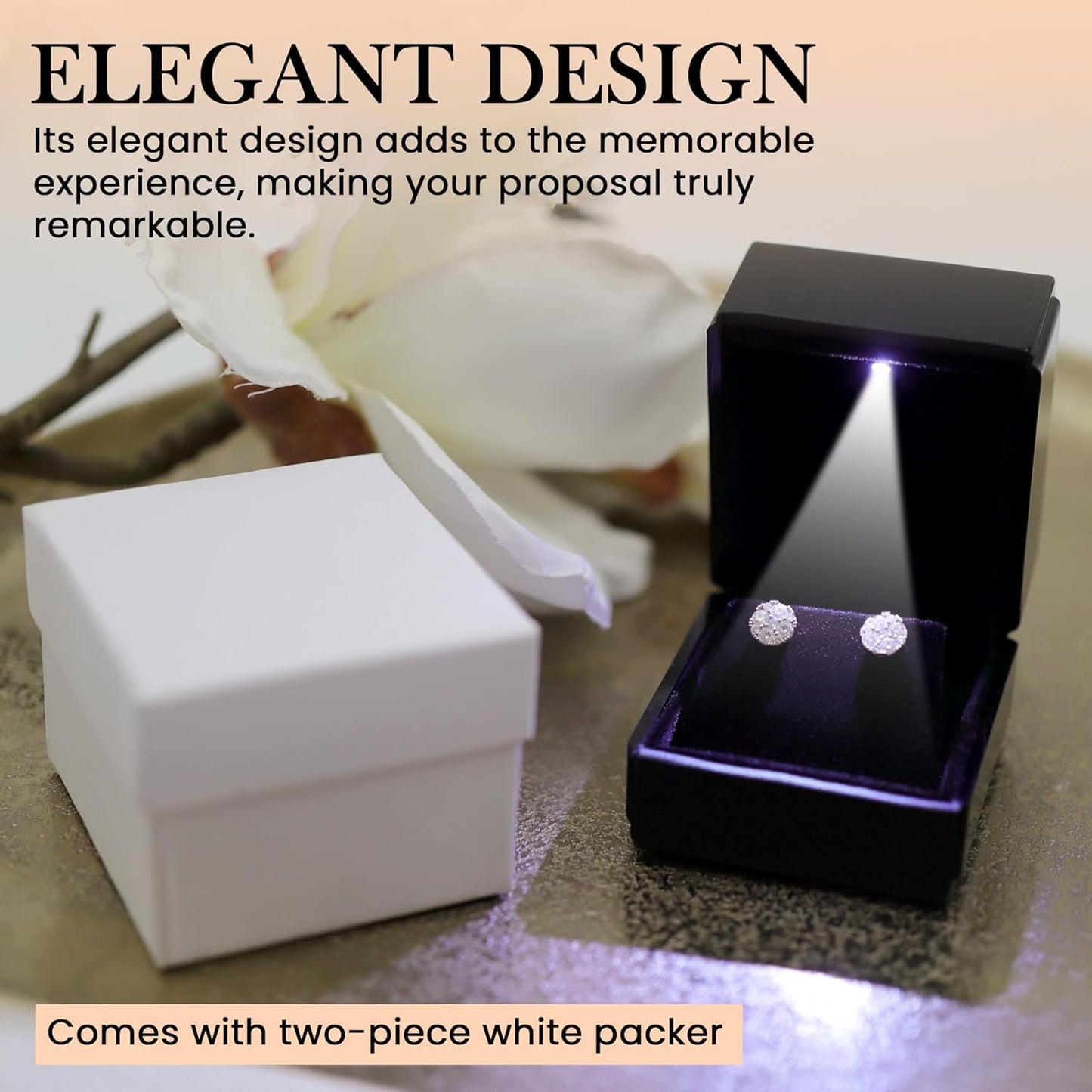 Novel Box Square Shaped Black Earring Box With LED Light 2.25X2X2.5 Inches - Jewelry Earrings Case Best for Jewelry Displays - Gift Box for Mother's Day, Engagement, Anniversary & more Happy Occasions