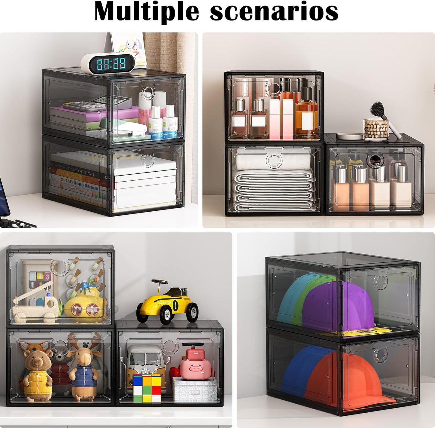 6 Pack Upgrade Harder Shoe Organizer, Shoe Storage with Magnetic Front Door, Clear Shoe Boxes Foldable Space-Saving Shoe Rack for Sneaker Boot Container, Black