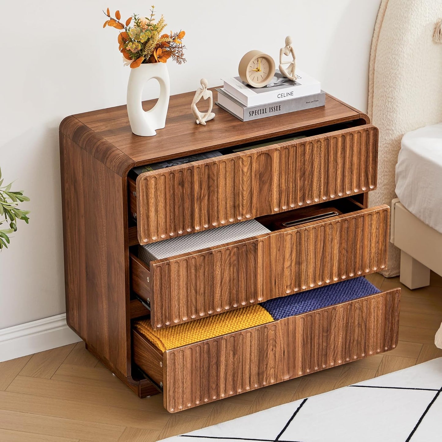 Fluted 3 Drawer Dressers for Bedroom, 31.5" Wide Large Mid Century Modern Nightstand 2 Sets W/3 Storage Drawers , Wood Dresser & Chest of Drawers with Curved Profile for Living Room (Walnut)