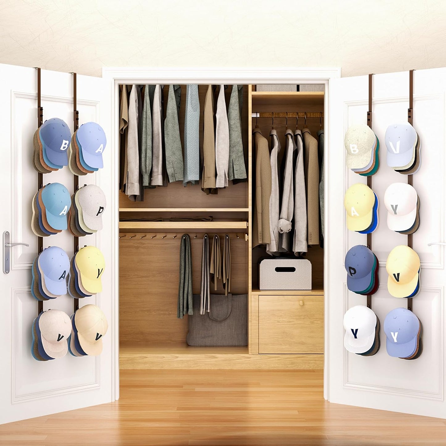 SWTYMIKI Over Door Hat Organizer - 4 Packs Metal Hanging Hat Rack with 16 Hooks Design, Baseball Cap Hanger Organizer Storage Holds up to 80 Caps for Door, Bedroom, Closet