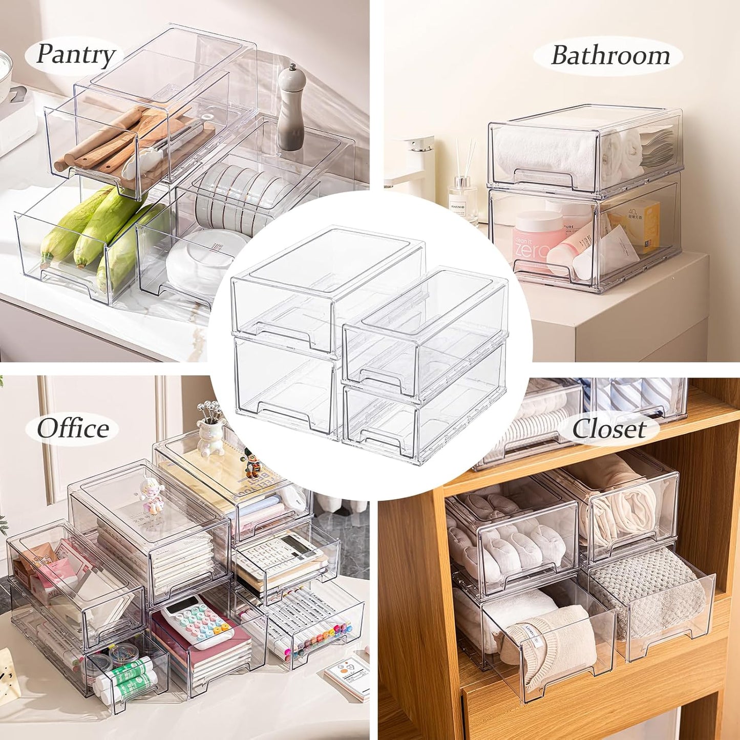 2 Pack Stackable Pull-Out Storage Drawers,Plastic Clear Organizer Bins with Handles,Easily Clean for Undersink,Cabinet,Fridge,Closet,Pantry,Office,Bathroom