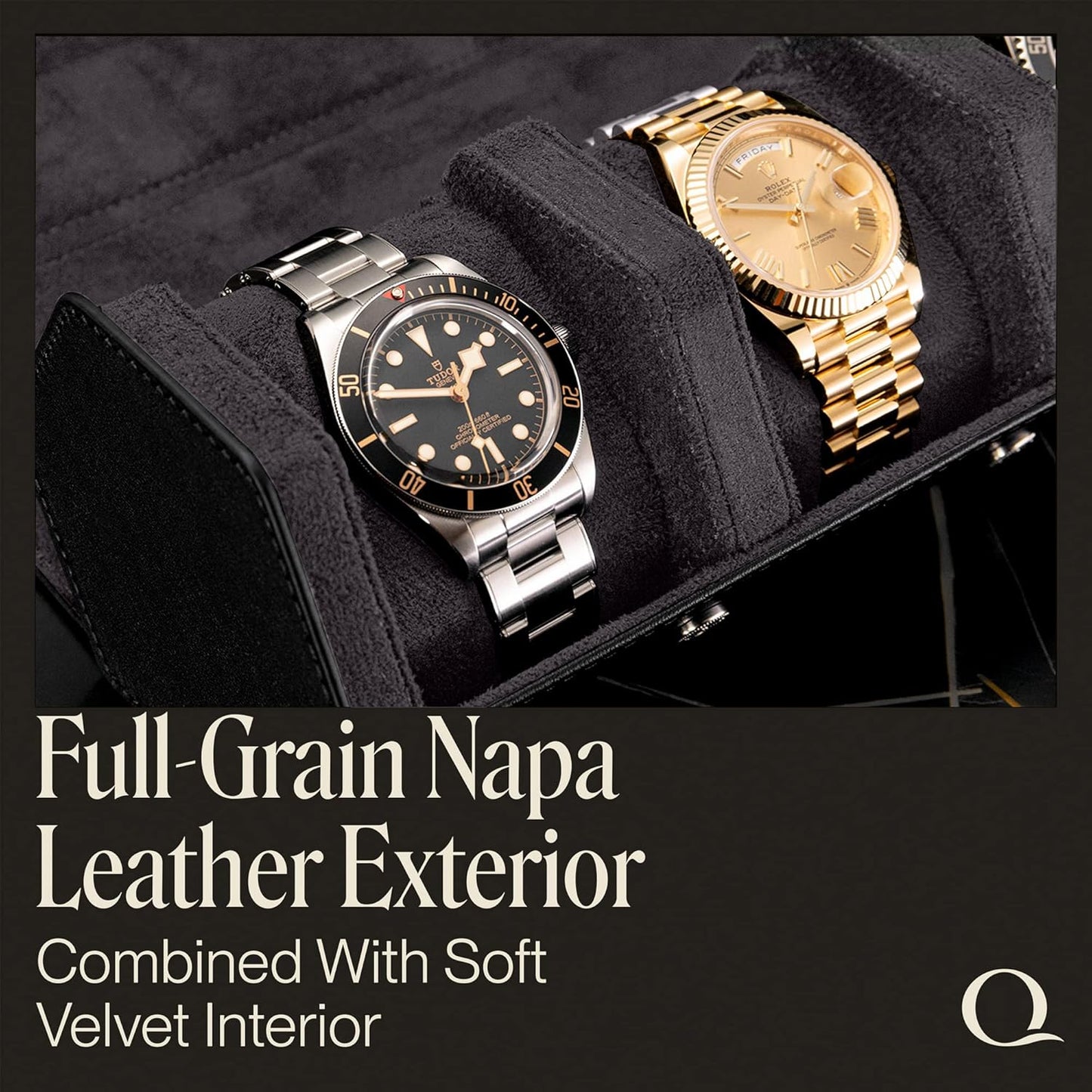 QWATCHBANDS Napa Leather Watch Rolls for Men - Hexagon Triple Watch Roll Travel Case for 3 Watches - Storage Organizer Genuine Leather with Velvet Interior Display (Black/Charcoal)