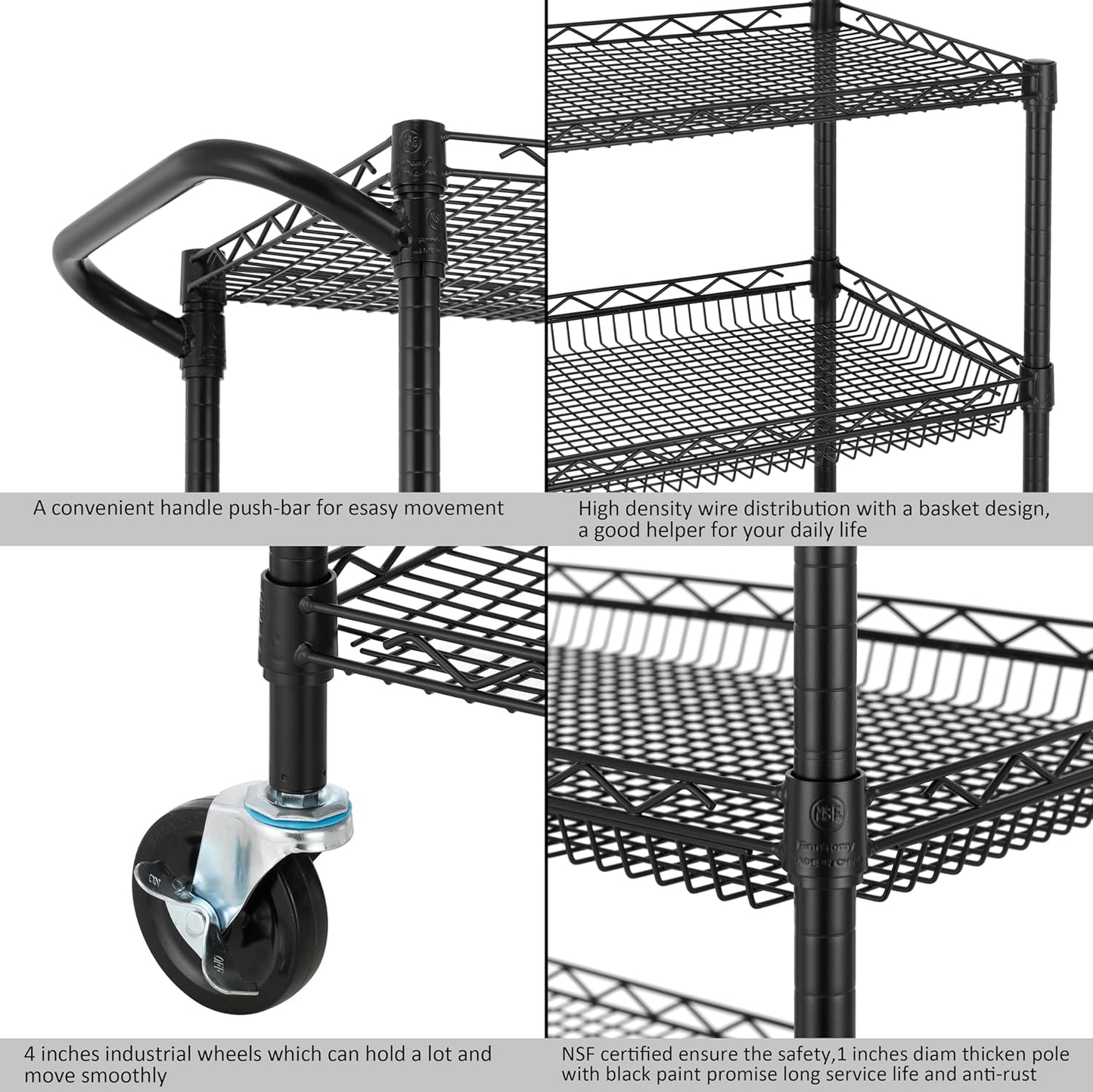 Finnhomy 3 Tier Heavy Duty Commercial Grade Utility Cart, Wire Rolling Cart with Handle Bar, Steel Service Cart with Wheels, Kitchen Carts on Wheels, Metal Cart Shelf Size 18" D x 36" W, NSF, Black