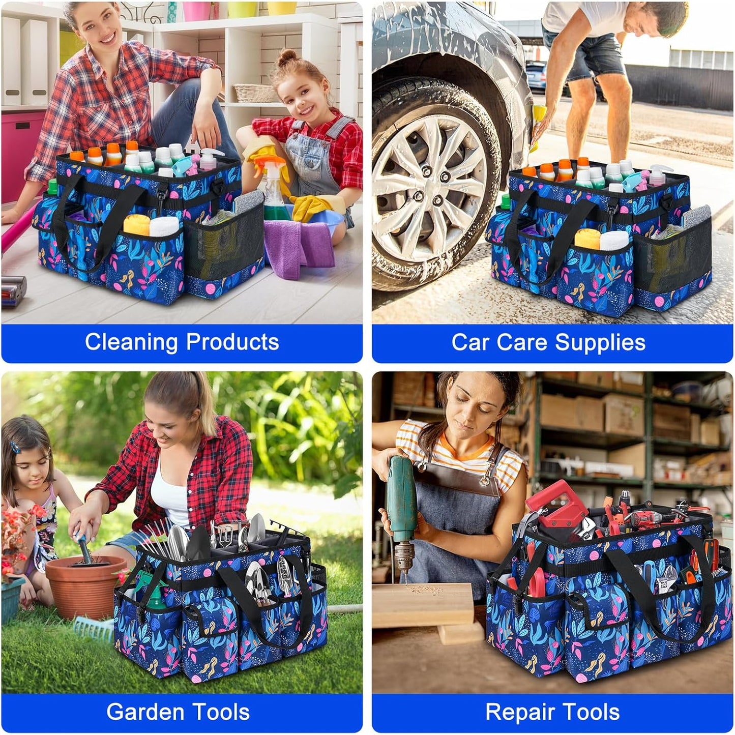 Cleaning Organizer, Large Caddy Bag for Supplies, Housekeeper's Bag with Handle (Blue Leaf)