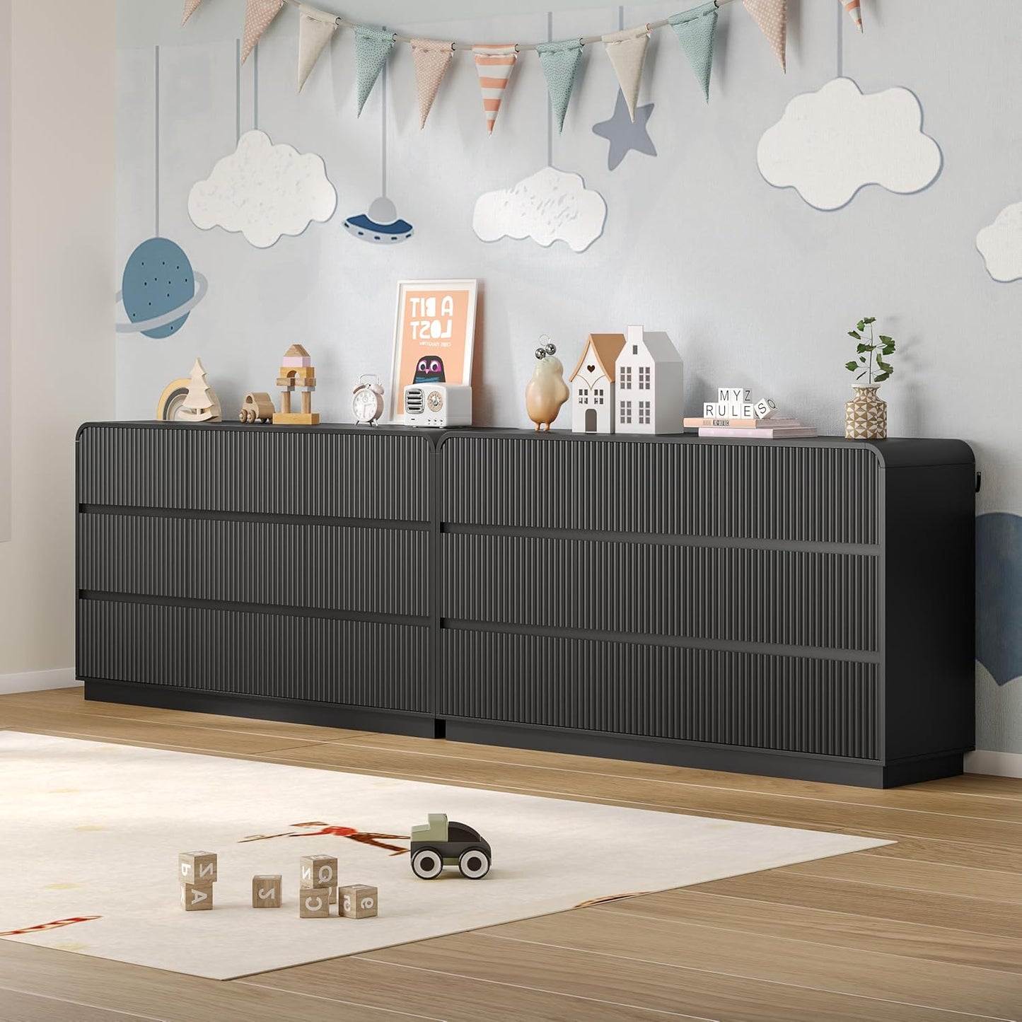Dresser for Bedroom with 9 Drawers, Fluted Chest of Drawers with Round Curved Corner, Hidden Handles, Modern Wood Storage Organizer for Bedroom, Nursery, Living Room