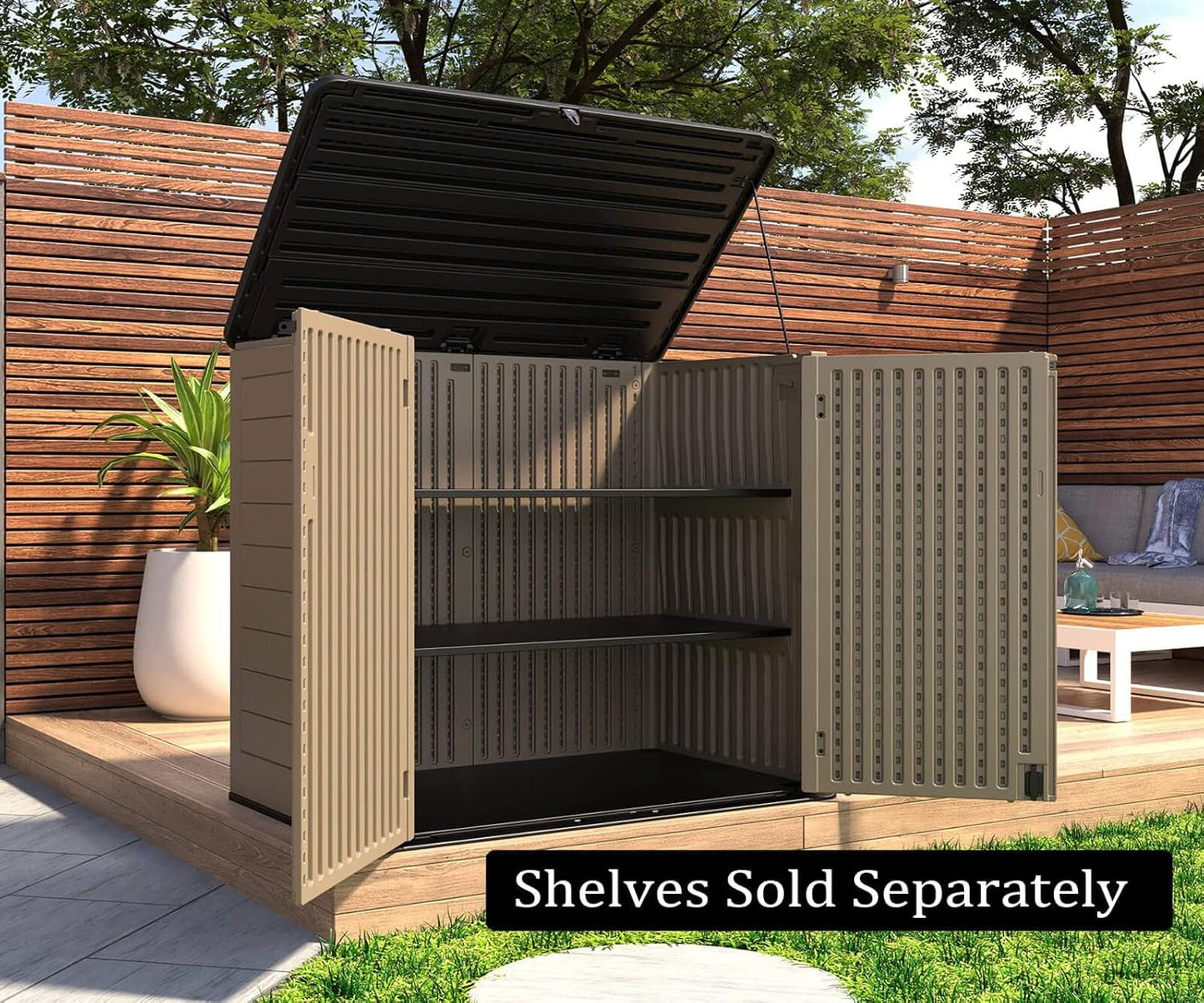 HOMSPARK Storage Shed Weather Resistance, Multi-Purpose Outdoor Storage Cabinet for Backyards and Patios, Horizontal Storage Shed for Lawnmower, Patio Accessories (Coffee,Large - 48 cu.ft)