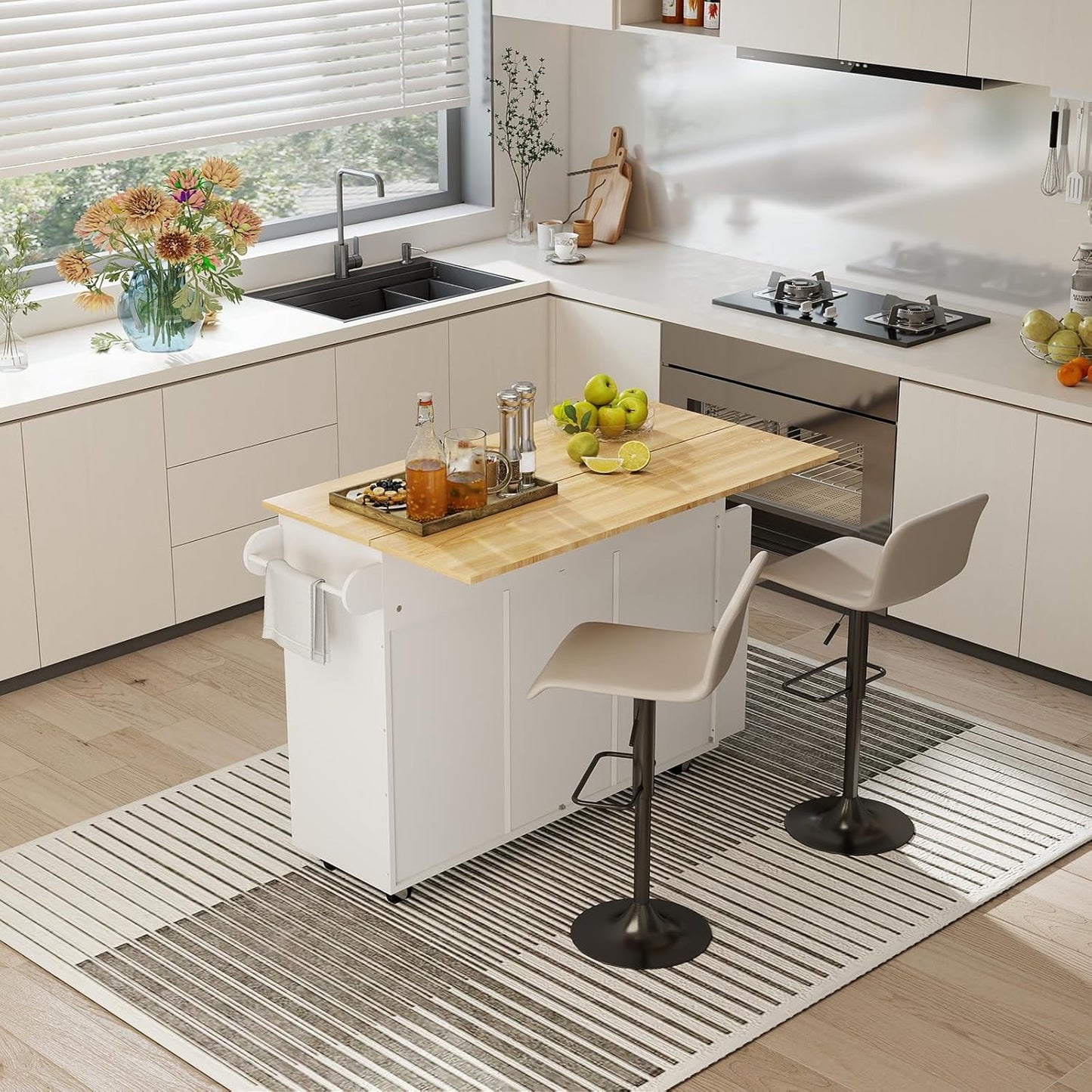 YOURLITE Kitchen Islands with Wheels, 45" Kitchen Island with Drop Leaf, Home Bar Table with Spice Rack & with Trash Cabinet, Rolling Island Table for Dining Room with Power Outlet, White