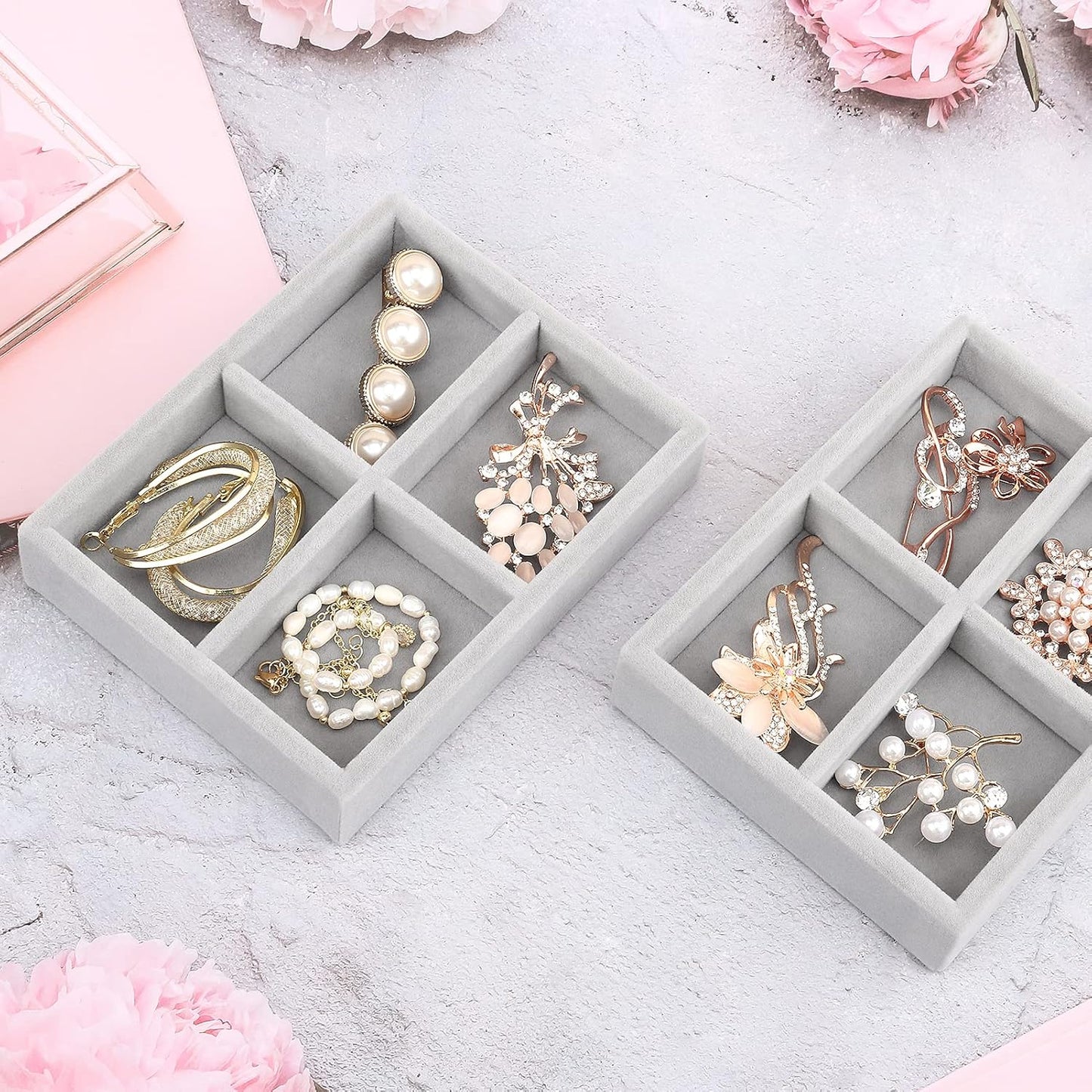 DesignSter Small Jewelry Tray, 2PCS Ring Organizer, Velvet Jewelry Display Tray, Stackable Jewelry Organizer Trays, Jewelry Drawer Organizer Inserts For Dresser, Jewelry Box (Gray)