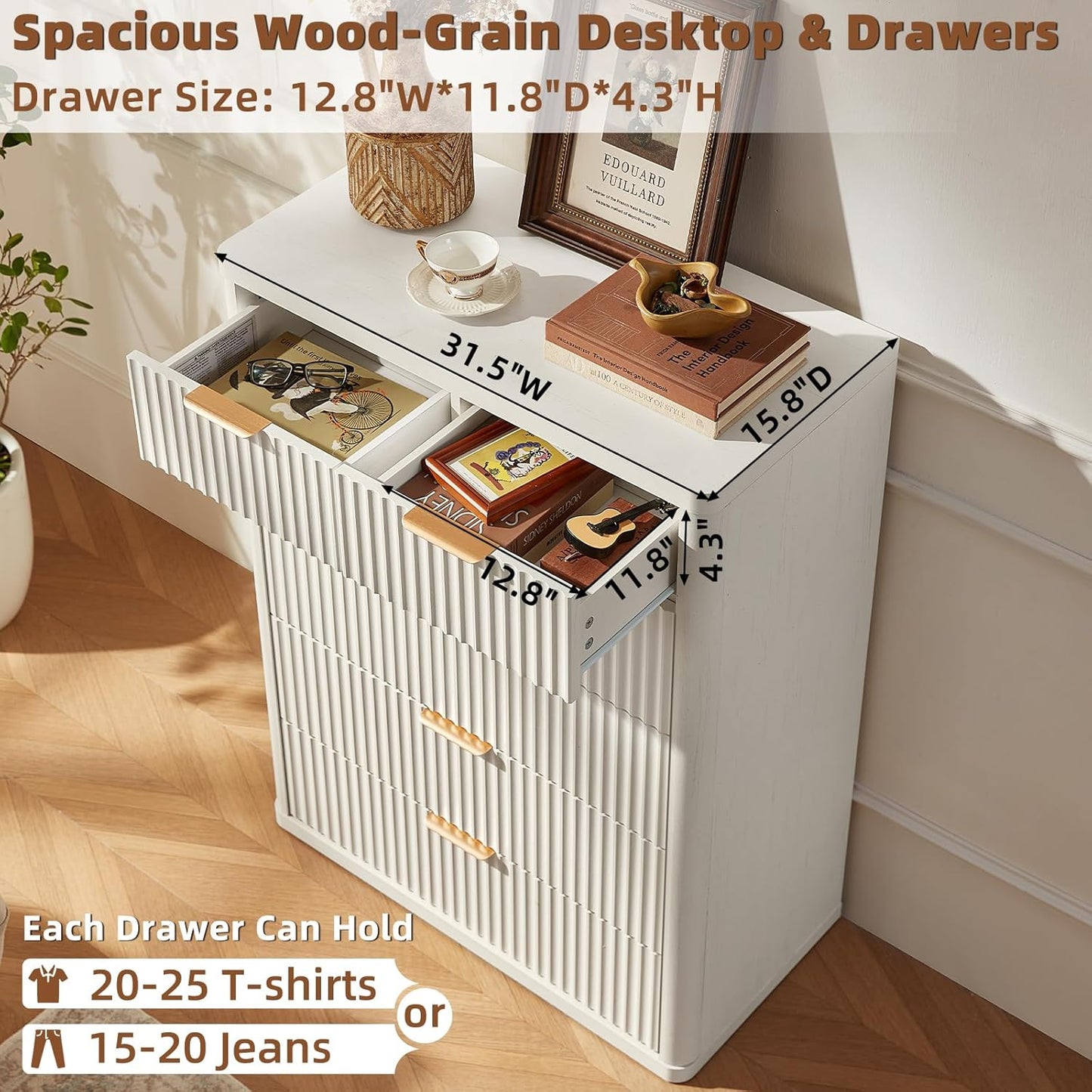 LEYAOYAO Fluted 6 Drawers Dresser for Bedroom, 42" Tall Modern Chest of Drawers with Metal Handle, Curved Profile Design,White Wood Drawer Organizer for Bedroom, Living Room, Hallway, Entryway