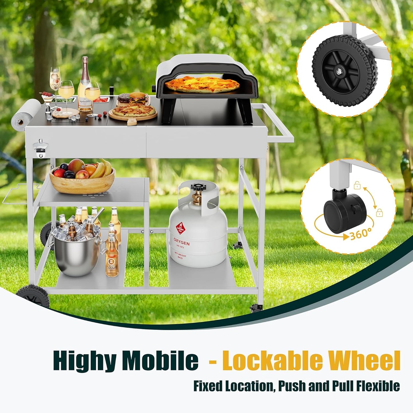 Shintenchi Pizza Oven Cart Table with Topping Station and Wheels, Outdoor Tabletop Grill Table Stand, Movable Food Prep Workcart Fits for Ninja and Blackstone Woodfire Grill