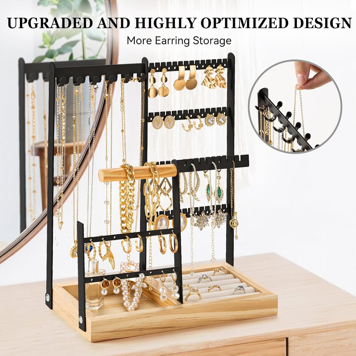 DreamGenius Jewelry Organizer Stand with Velvet Ring Holder, 4 Tier Jewelry Holder Organizer with 11 Hooks for Necklaces and 132 Holes for Earrings, Black